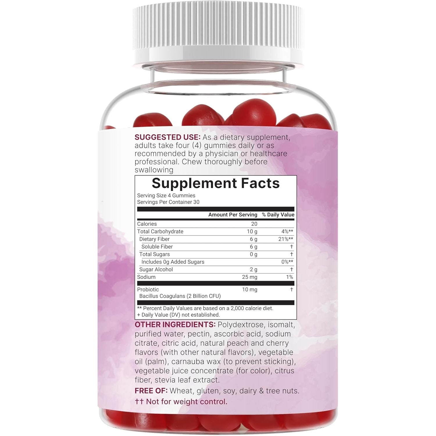 Micro Ingredients Fiber Gummies with Probiotics, 120 Count | 6G per Serving + 2 Billion CFU | Sugar Free Peach Cherry Flavor | High Fiber Supplement for Women & Men | Non-Gmo, Gluten Free