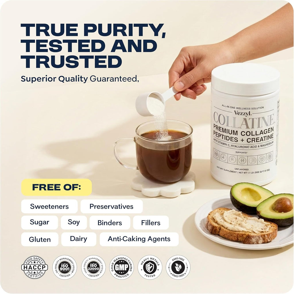 Collatine - Premium Collagen Peptides + Creatine with Vitamin C, Hyaluronic Acid and Magnesium for Skin, Hair, Nails, Bone & Joint, Muscle, Immune and Cognitive Aid (.55 LB (250 G/8.8 OZ)