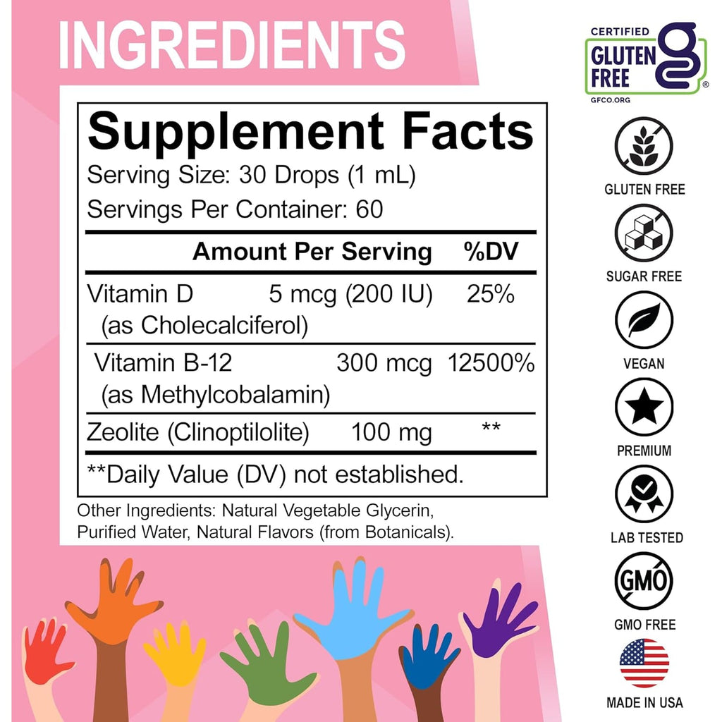 Zeolite Detox for Kids Lingo Drops - Natural Lingo Zeolite Drops for Kids Methylated B12 & D3 Advanced Clinoptilolite - Pure Extra Clinoptilolite Leap Liquid Detox Body Cleanse Supplement Ages 3+, 2Oz