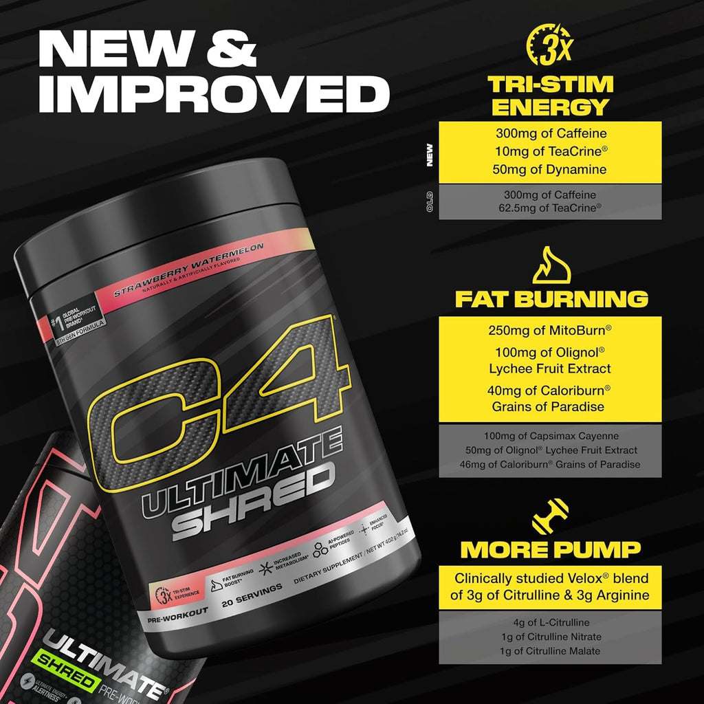 Cellucor C4 Ultimate Shred Pre Workout Powder, Fat Burner for Men & Women, Weight Loss Supplement with Ginger Root Extract, Strawberry Watermelon, 20 Servings, 12.3 Ounce (Pack of 1)