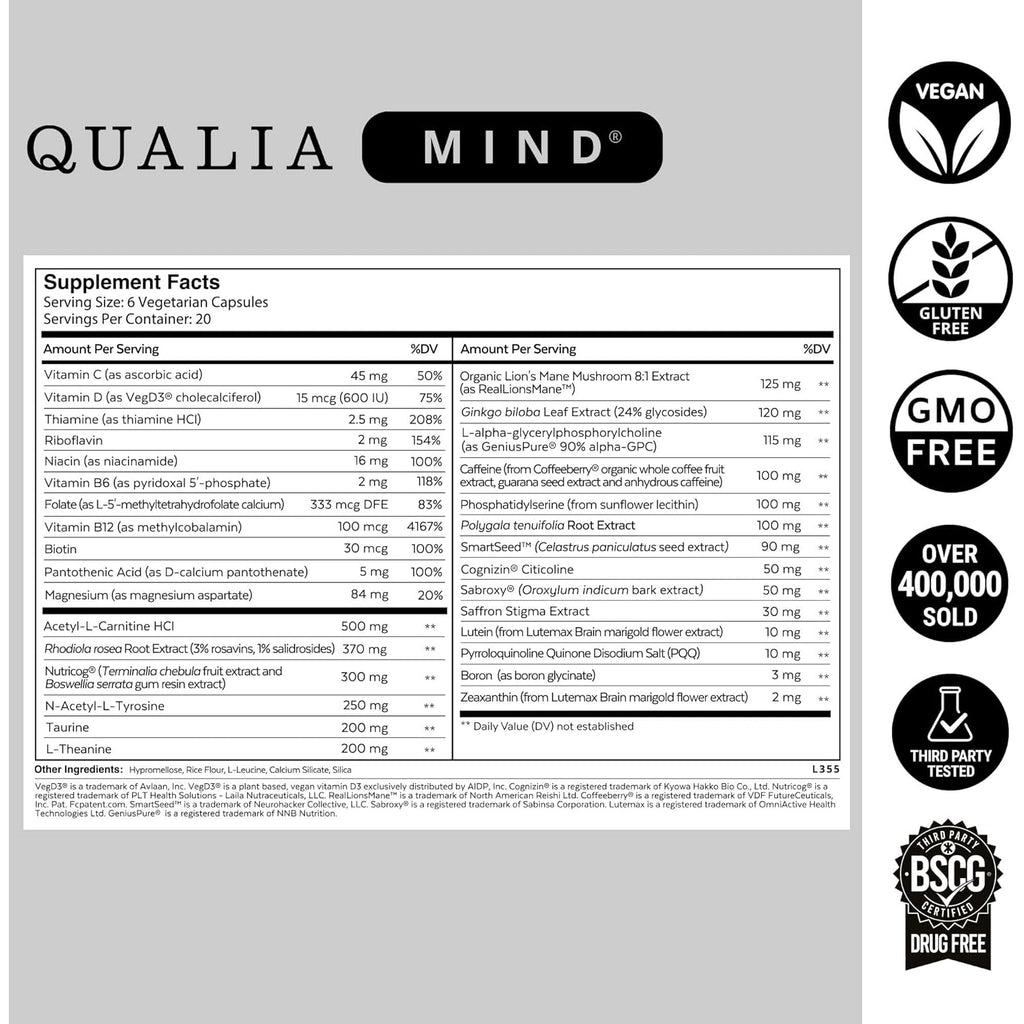 Qualia Mind | the Ultimate Blend for Brain Health* | Doctor-Formulated Nootropic to Fuel Focus & Concentration* | Supports Long Term Brain Health| Maintain Drive & Productivity