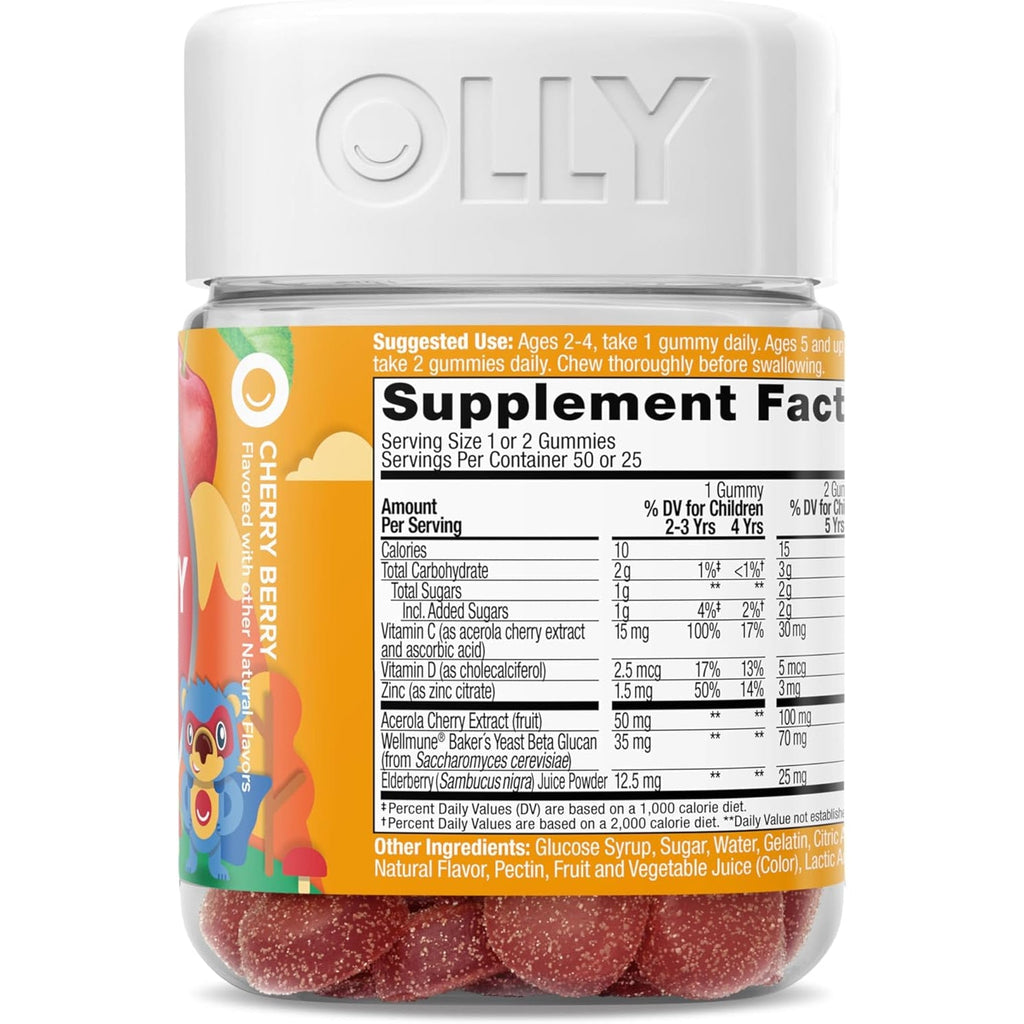 OLLY Kids Immunity Gummy, Immune Support, Wellmune, Elderberry, Vitamin C, Zinc, Chewable Supplement, Cherry - 50 Count