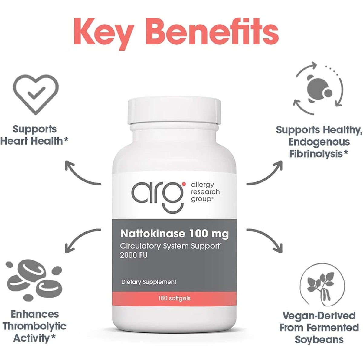 Allergy Research Group ARG Nattokinase 100 Mg - Supplement to Support Healthy Circulation - Delivers 100 Mg Nattokinase NSK-SD from Fermented Soybeans per Serving - 180 Servings - 180 Capsules