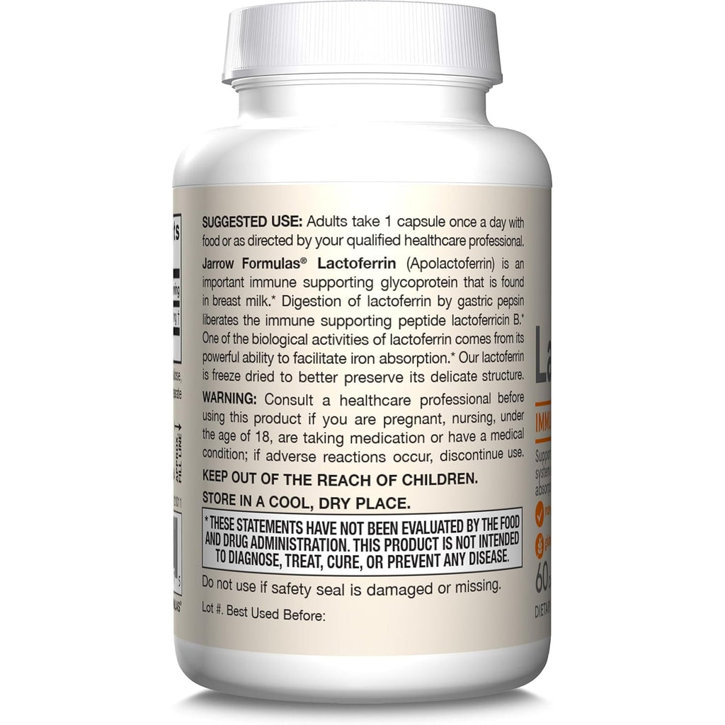 Jarrow Formulas Lactoferrin Supplements 250 Mg - Immune-Supporting Glycoprotein for Healthy Immune System Support & Iron Absorption - Freeze Dried, Gluten Free, Non-Gmo - 60 Capsules (Servings)