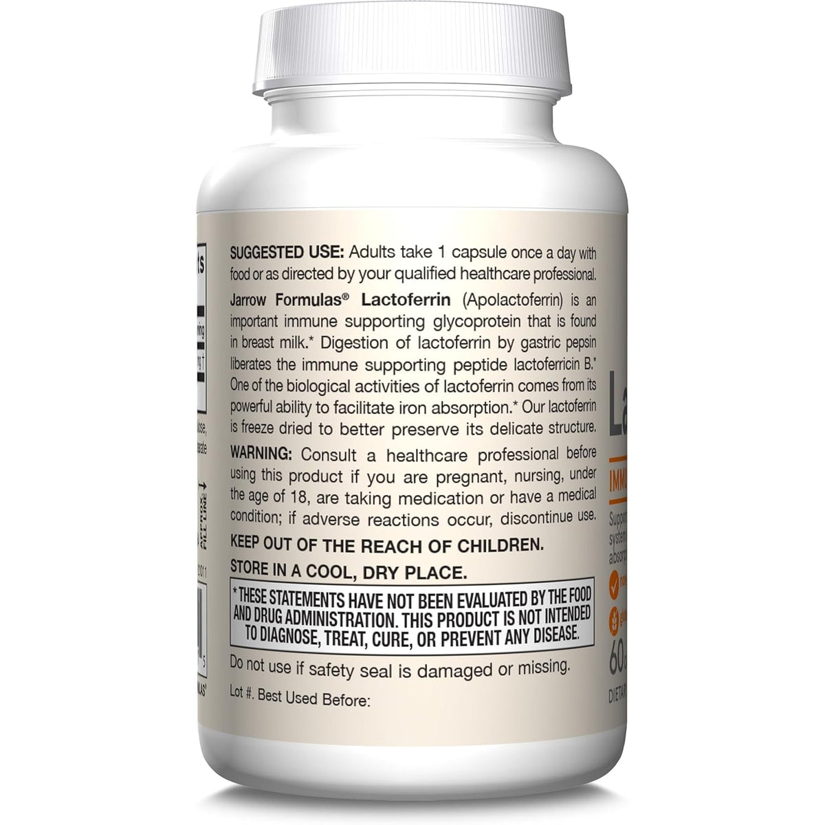 Jarrow Formulas Lactoferrin Supplements 250 Mg - Immune-Supporting Glycoprotein for Healthy Immune System Support & Iron Absorption - Freeze Dried, Gluten Free, Non-Gmo - 60 Capsules (Servings)