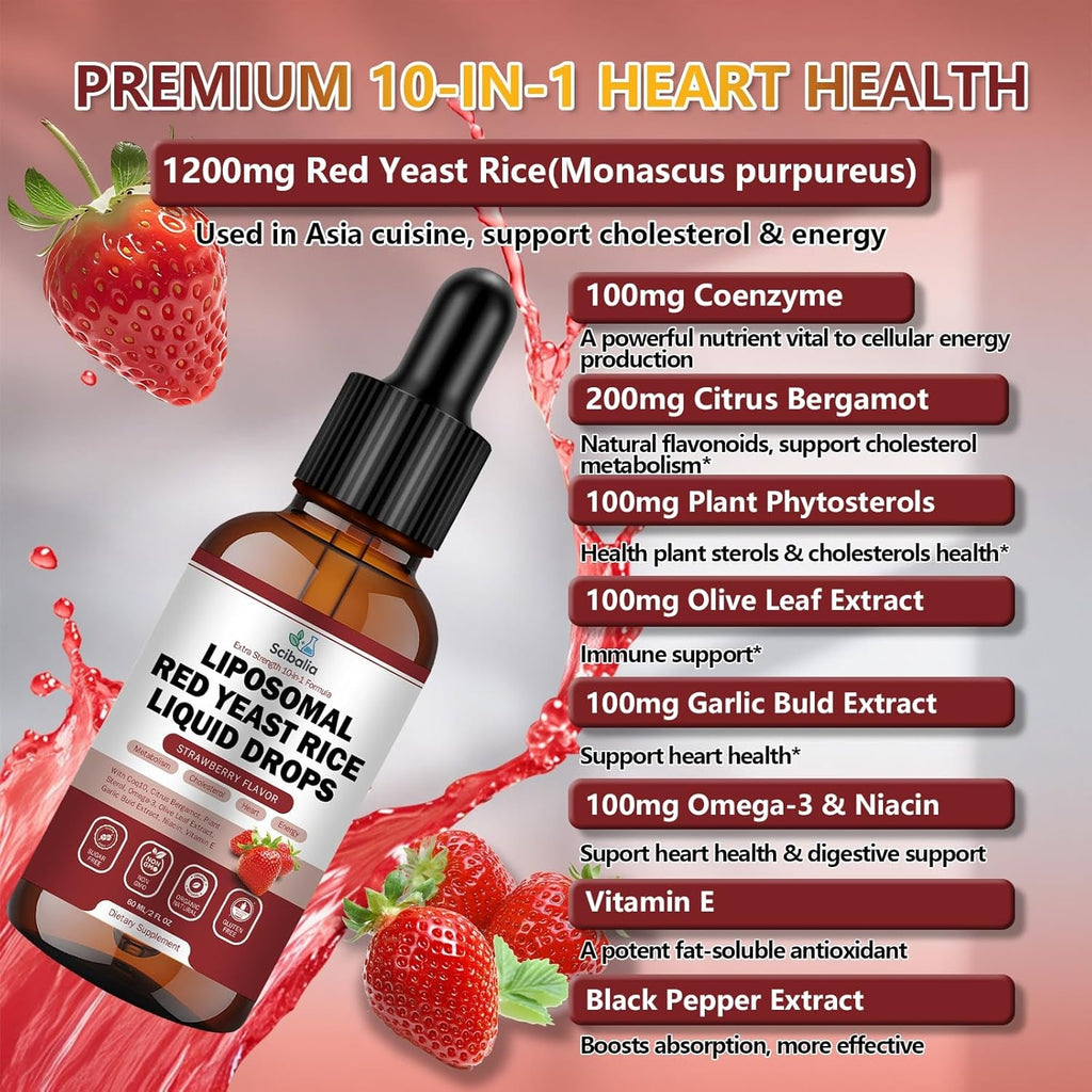Liposomal Red Yeast Rice Liquid Drop 1200Mg 10-In-1 Organic Red Rice Yeast with Coq10 Citrus Bergamot Plant Sterols Garlic, Extra Strength Cholesterol Lowering Supplements for Women Men