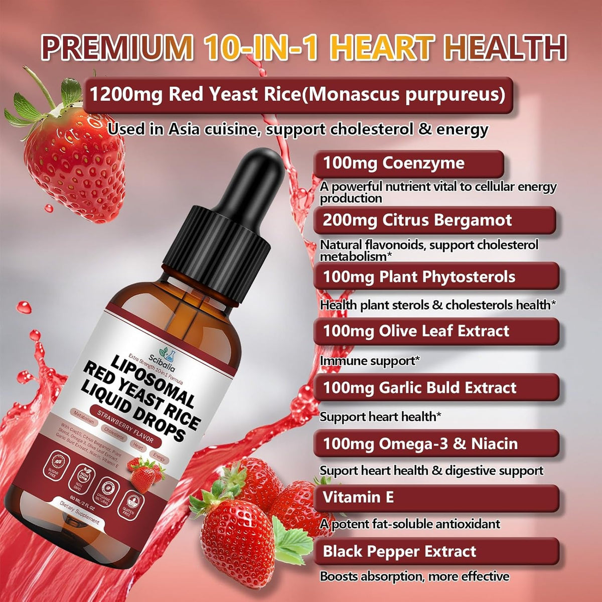 Liposomal Red Yeast Rice Liquid Drop 1200Mg 10-In-1 Organic Red Rice Yeast with Coq10 Citrus Bergamot Plant Sterols Garlic, Extra Strength Cholesterol Lowering Supplements for Women Men