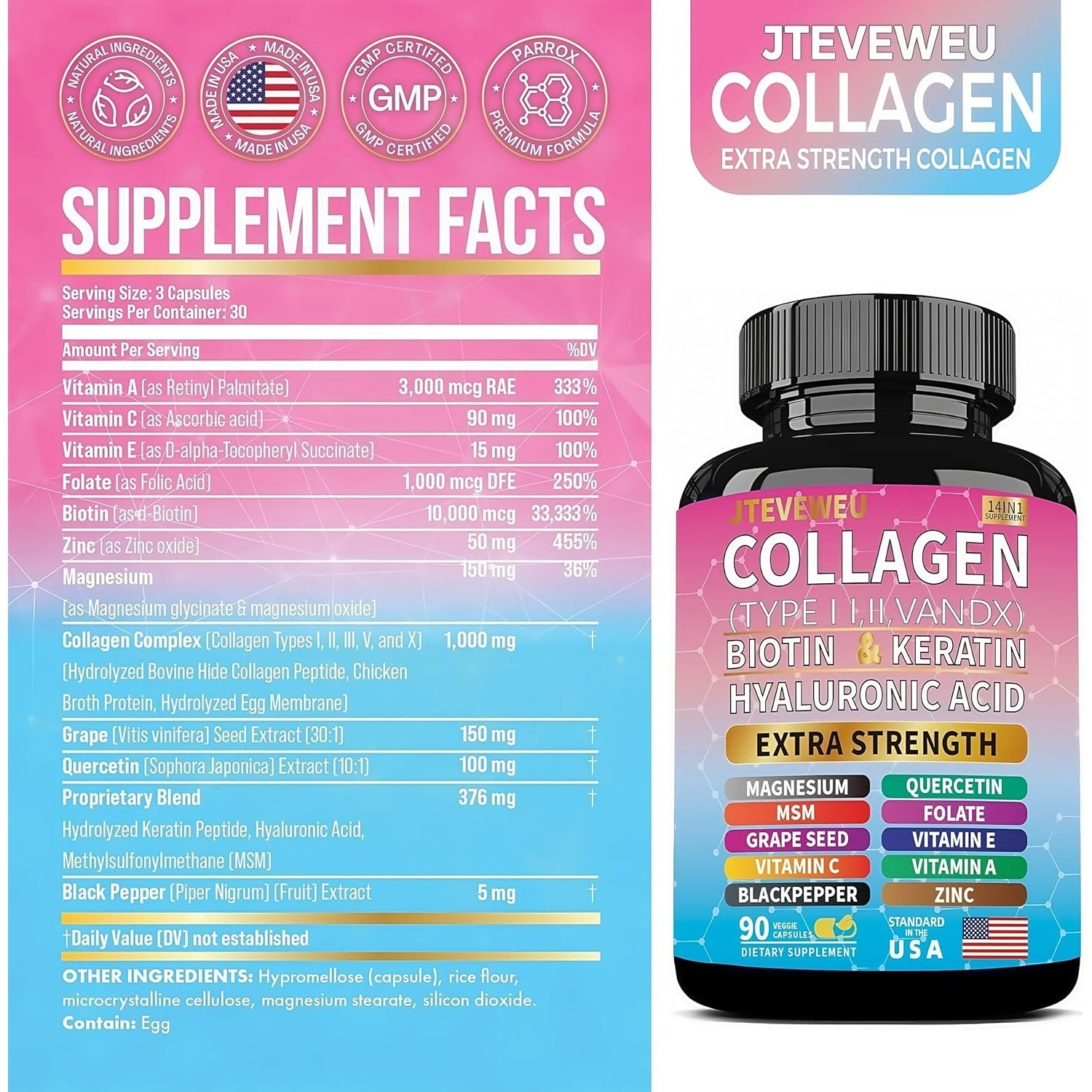 Collagen Supplement - Types I, II, III, V & X, MCG Biotin, Keratin, Hyaluronic Acid, Zinc, Grape Seed Extract, Quercetin, Vitamin A, Vitamin C, Vitamin E, Magnesium, Folic Acid（90 Capsules）