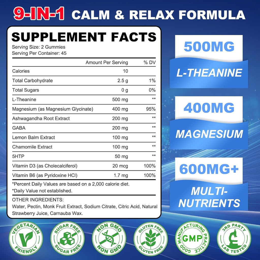 90 Count | L Theanine Gummies, L Theanine Supplement for Adults & Kids, W/Ashwagandha, Magnesium, GABA & 5-HTP, Sugar Free Liposomal Formula for Calm Relax Zzz M♡♡D & Focus, Vegan