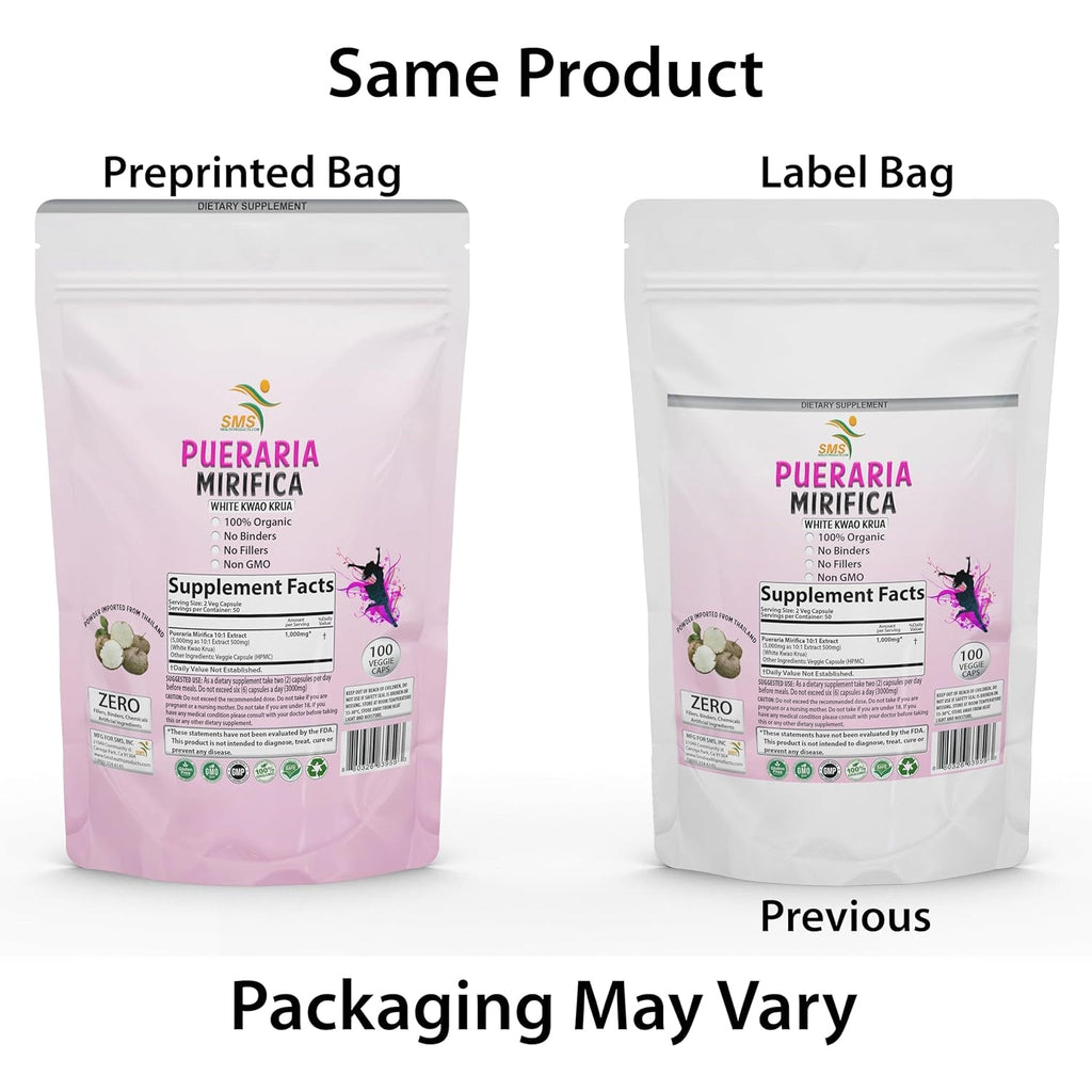100 Caps Pueraria Mirifica White Extract Powder, 100% 10:1 Potent, Organic, 1,000Mg per Servings, Non GMO from Thailand, Premium Quality, Vegan