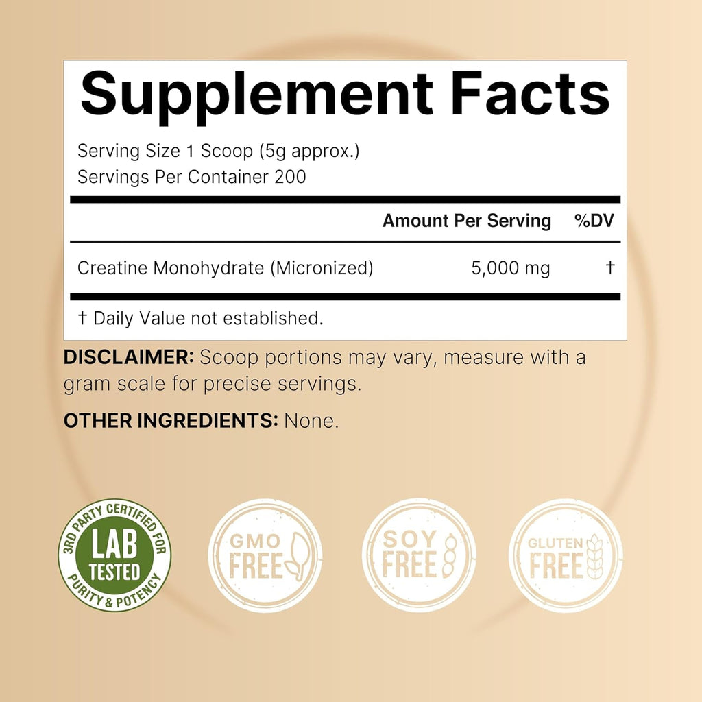 Naturebell Creatine Monohydrate Powder 1,000G, 5,000Mg per Serving, 200 Servings (2.2 Lb) | Micronized, Pure & Unflavored | Pre-Workout Muscle Support* | Keto, Vegan, Filler-Free