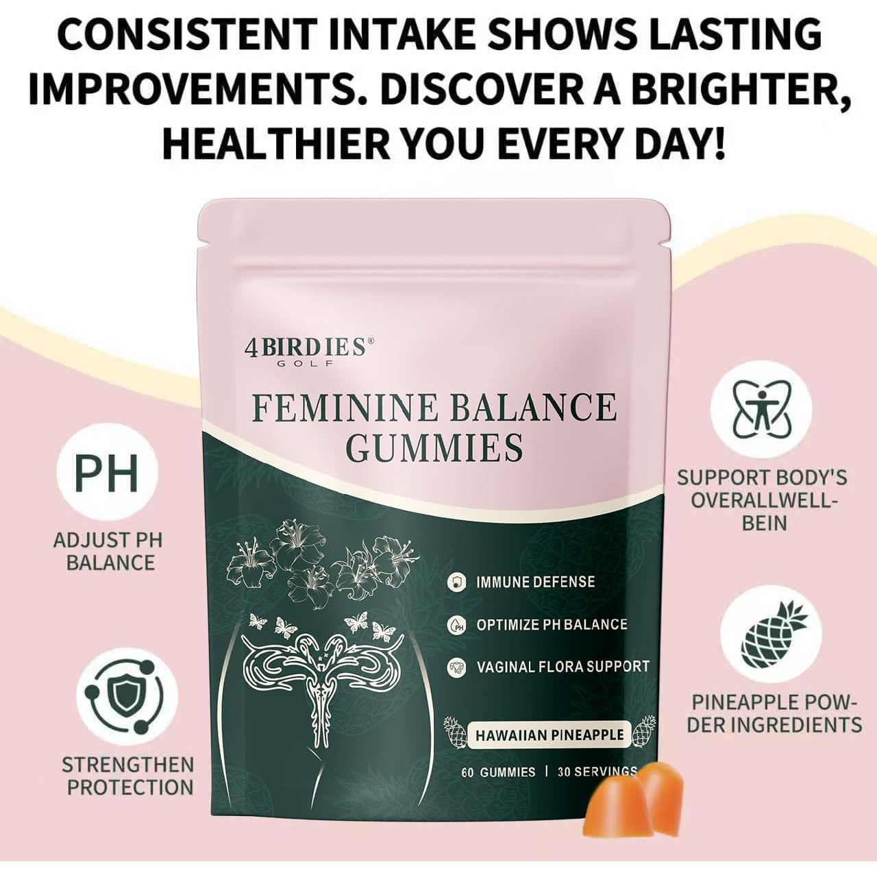 Premium Feminine Balance Gummies for Women'S Health, Hawaiian Pineapple Gummies for Women Vaginal Probiotic & Ph Balance Support - Vegan - Healthy Odor - Gluten-Free - 60 Count
