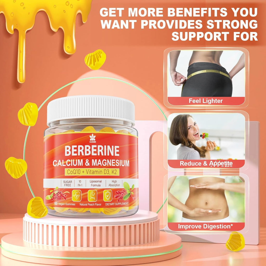 LILICARE Berberine Gummies Sugar Free, Extra Absorption with Liposomal Berberine & Berberine HCI, Calcium, Magnesium, AMPK Activitor for Sugar & Level, Energy, Metabolism,Vegan, Pack of 1