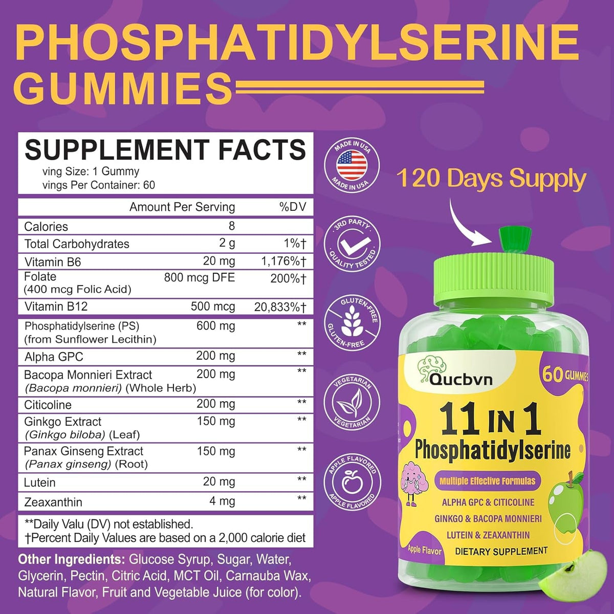 (2 Packs) Phosphatidylserine Gummies, Brain Supplement for Memory, Focus and Concentration - Phosphatidylserine Memory Supplement with Alpha GPC, B6 & B12 for Brain and Cognitive, 120 Gummies