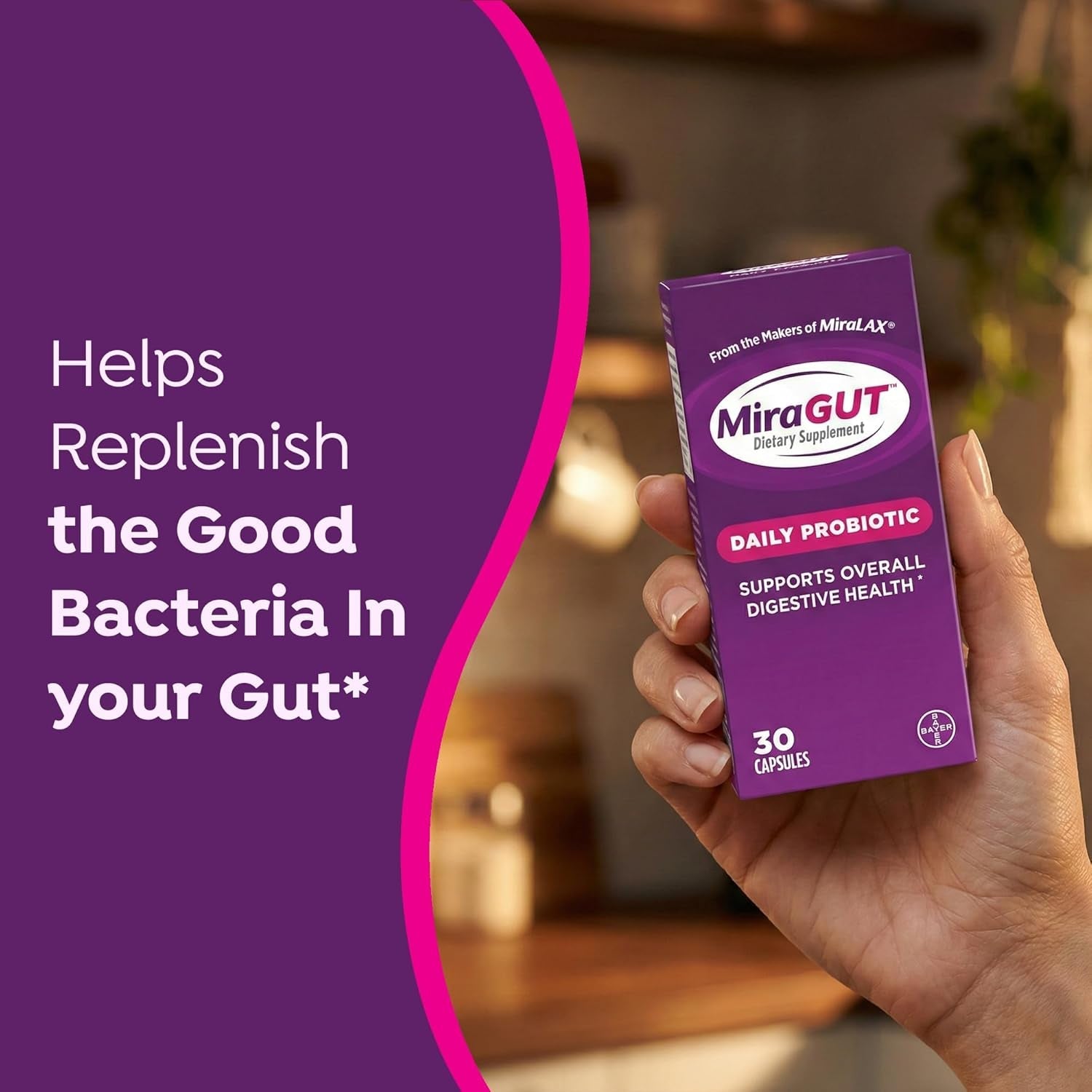 Miragut Daily Probiotic, from the Makers of Miralax, Probiotics for Digestive Health, Gluten-Free Supplement, Probiotic for Women and Men, Support Overall Digestive Health, 30 Ct