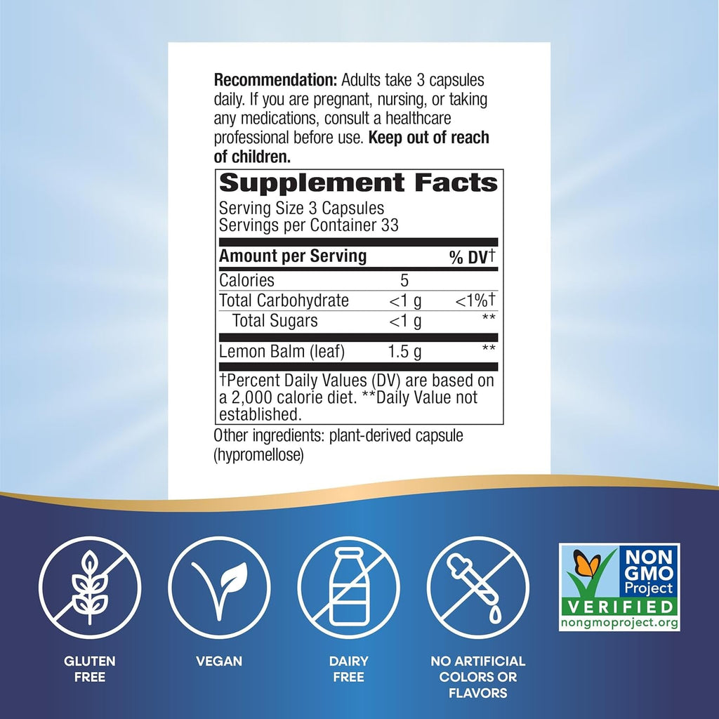 Nature'S Way Melissa Lemon Balm Leaf, Traditional Sleep Support*, Melatonin Free, 1500 Mg per 3-Capsule Serving, Non-Gmo Project Verified, 100 Vegan Capsules (Packaging May Vary)