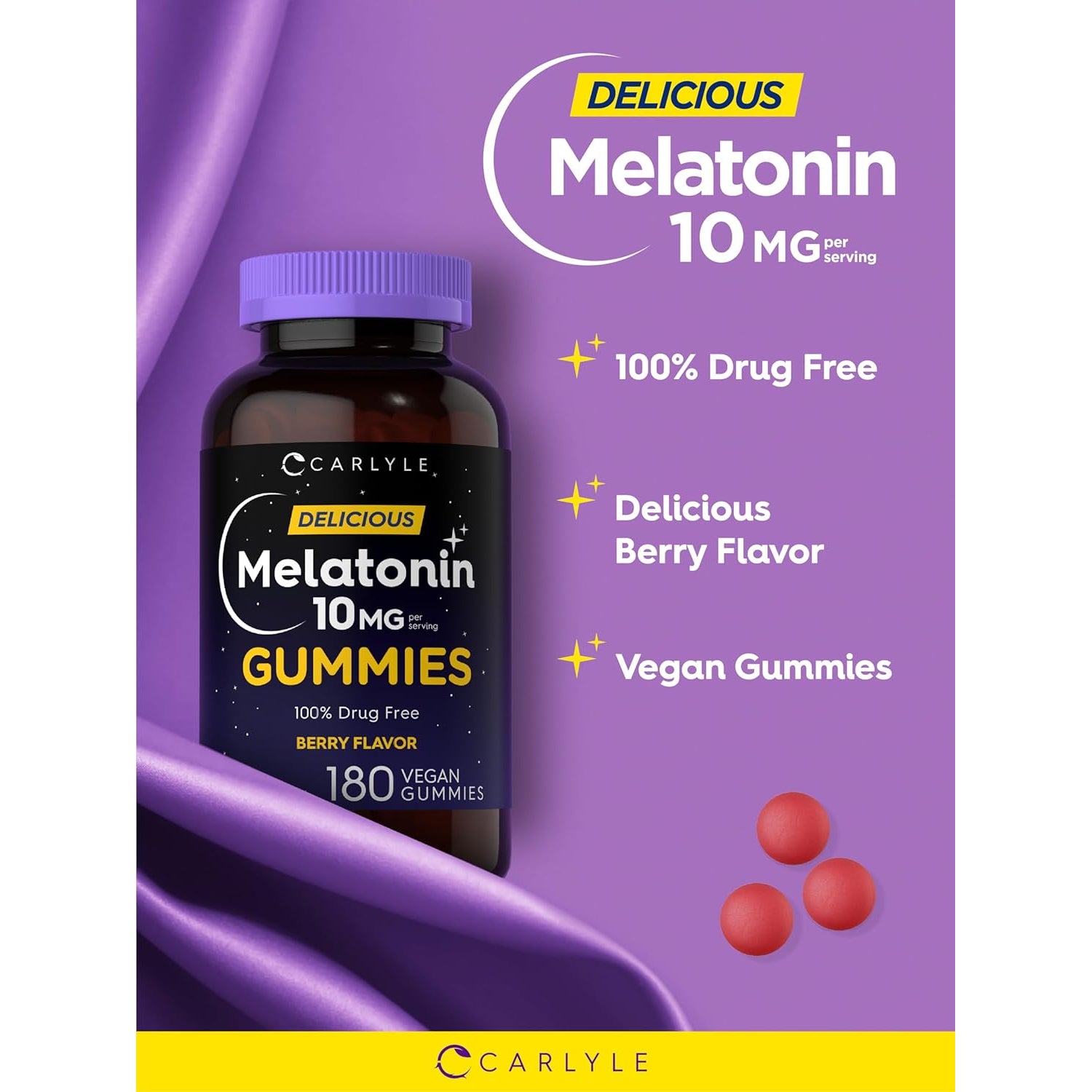 Carlyle Melatonin Gummies 10Mg | 180 Count | Adult Drug Free Aid | Berry Flavor | Vegan, Non-Gmo, Gluten Free Supplement