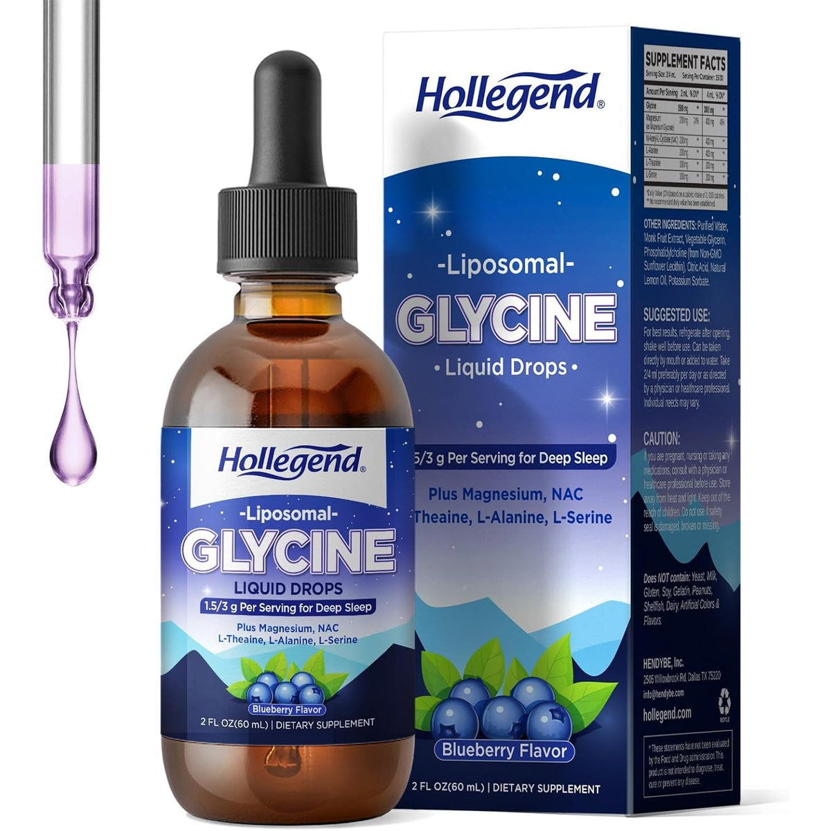 Liposomal Glycine Supplements for Sleep, 1.5/3G Glycine Liquid Drops with Magnesium, L-Theanine & L-Serine | plus NAC & L-Alanine for Liver & Cellular Health, Vegan, Blueberry, 2 Fl Oz