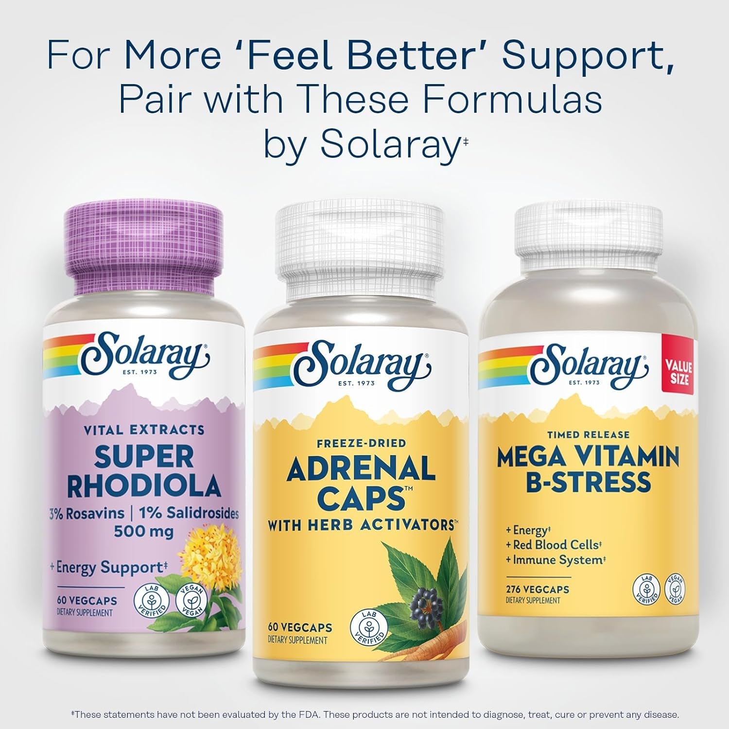 SOLARAY Adrenal Caps, Freeze-Dried - Wellness Support Adrenal Cocktail with Herb Activators Eleuthero, Gotu Kola, Licorice and Clove - Lab Verified, 60-Day Guarantee - 30 Servings, 60 Vegcaps