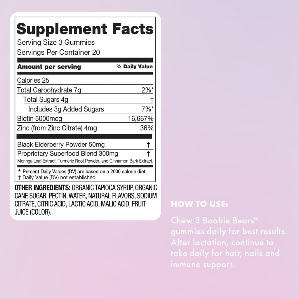 Boobie Bears Lactation Support Gummies | Helps as Milk Supply Booster & Supports Immune Health & Hair Growth | Breastfeeding Supplements with Zinc & Elderberry for Milk Supply Increase, 60 Count
