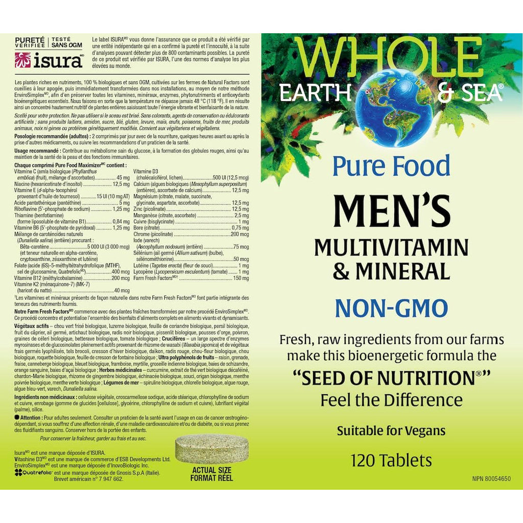 Natural Factors Whole Earth & Sea Men'S Multivitamin & Mineral - Daily Health Supplement for Men under 50 - Vegan, Non-Gmo & Gluten-Free - 120 Tablets (60 Servings)