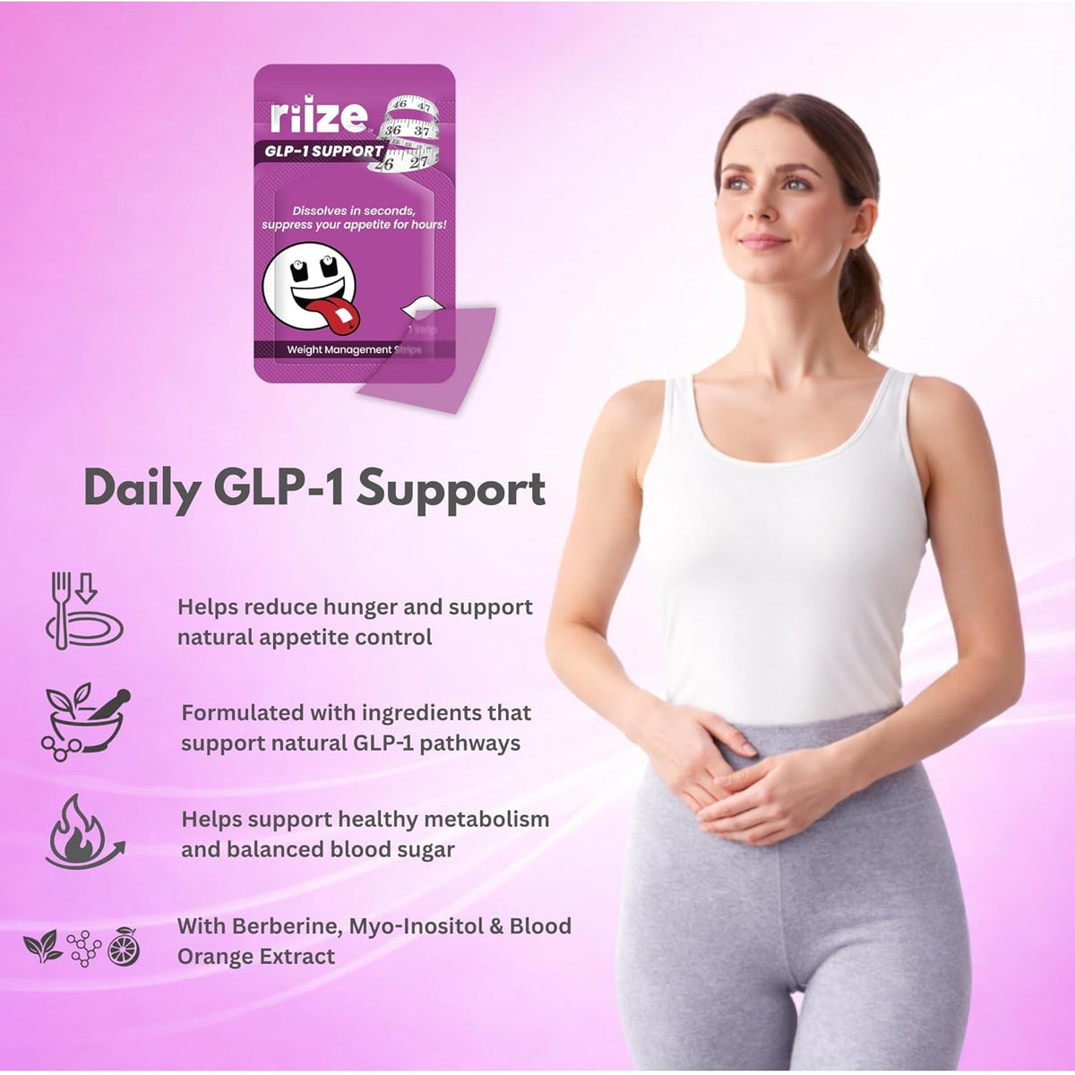 Riize GLP-1 Support Strips for Weight Management and Appetite Control - Fast-Dissolving Oral Strips with Berberine, Myo-Inositol & Blood Orange Extract - 1 Month Supply - 30 Count
