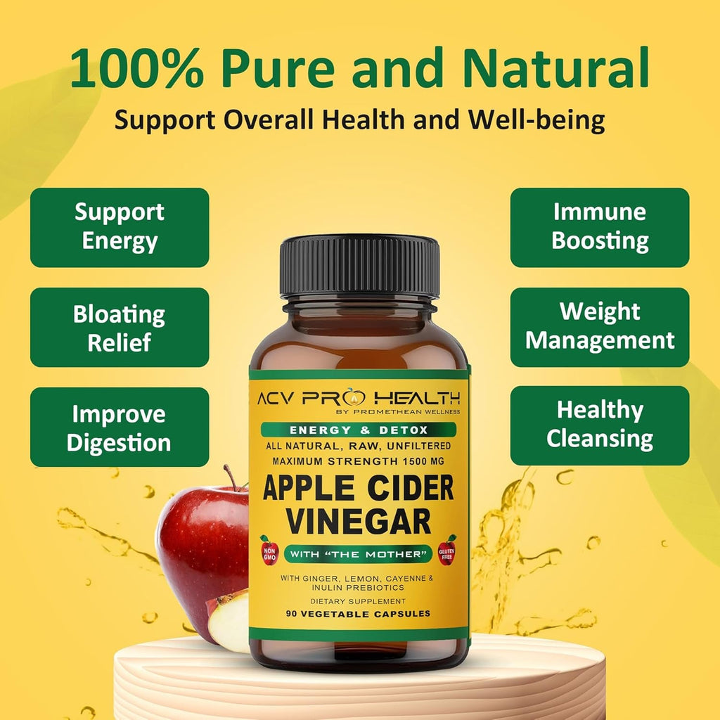 Promethean Wellness ACV Pro Apple Cider Vinegar Capsules Certified Organic with Mother ACV Pills Detox Cleanse Acid Reflux Relief Support Supplement Ginger Root Cayenne Pepper Powder (90 Count)