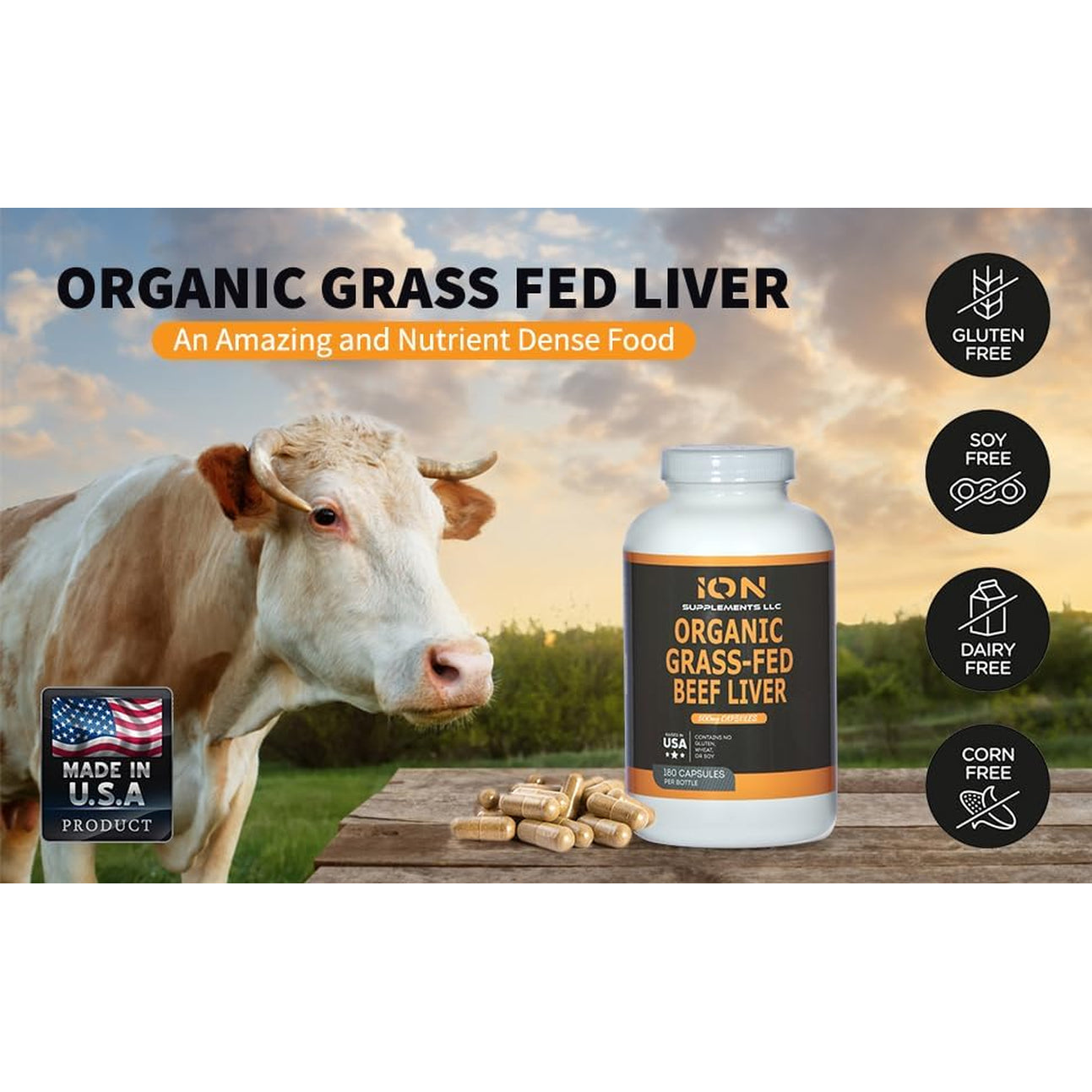 100% Organic Grass Fed Beef Liver Capsules (180 Caps) - Pasture Raised - Iron, Vitamin A, B, Collagen - Promotes Energy, Detoxification, Whole Body Wellness - Ancestral Paleo Living - Ion Supplements