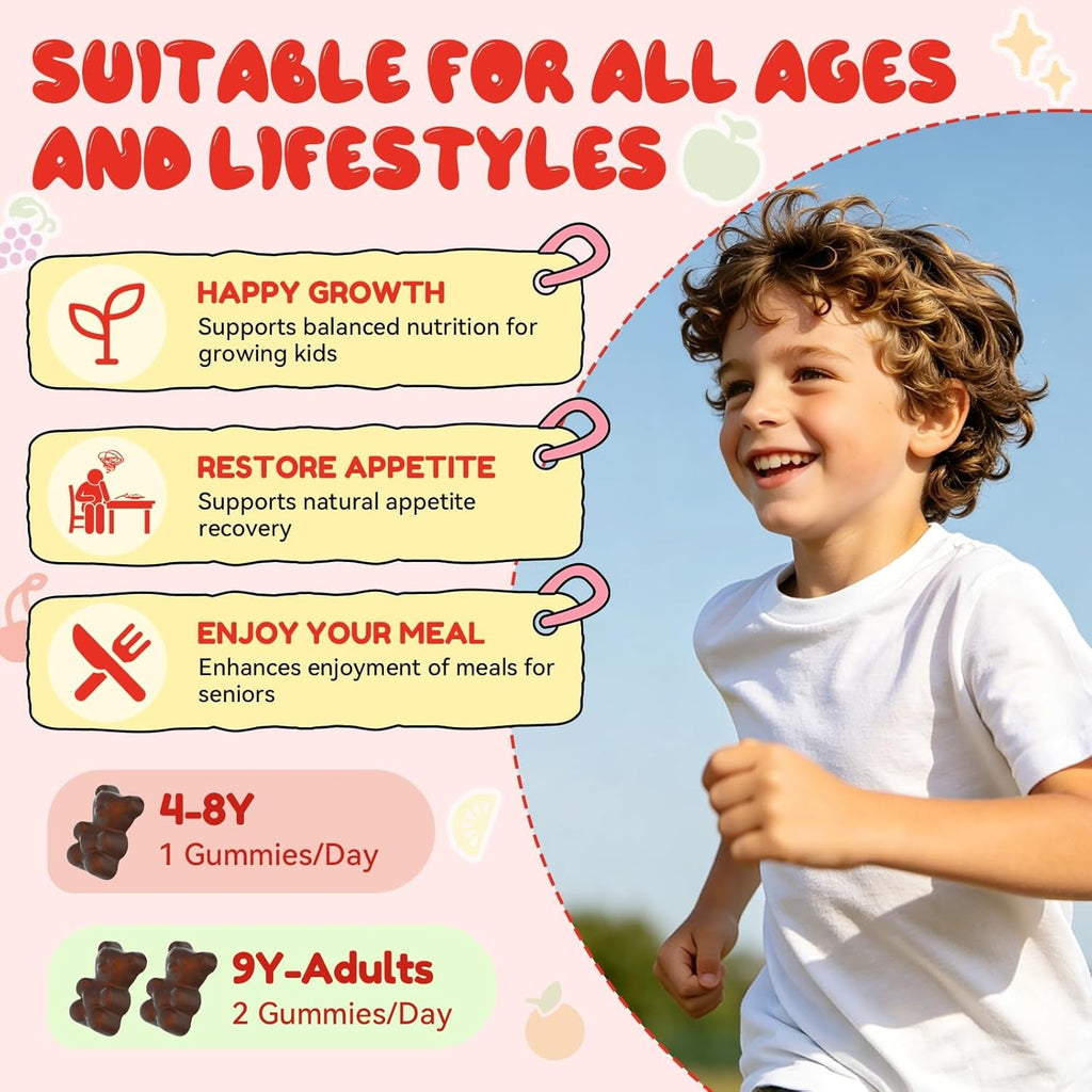 Appetite Booster Gummies for Kids Adults: Picky Eater Vitamins Support Eat More Height Growth Gut Health & Nutritional Balance with Bromelain Hawthorn Zinc, Sugar Free 60CT