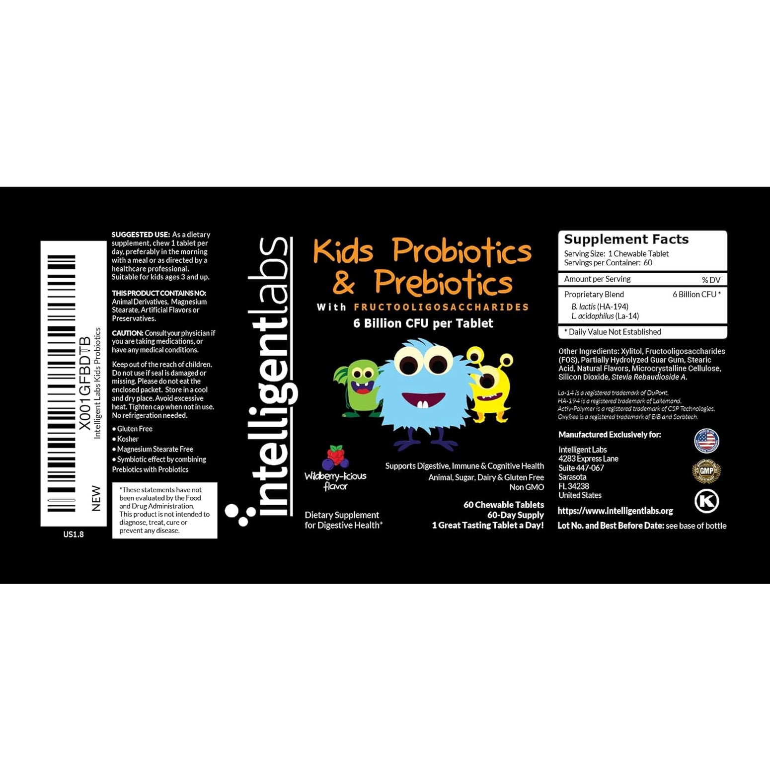 Intelligent Labs Kids/Children Probiotics 6 Billion CFU with Prebiotics, PHGG & FOS, Once-Daily Chewable, Great Taste, 10X Effectiveness, 60-Day Supply, Third-Party Verified