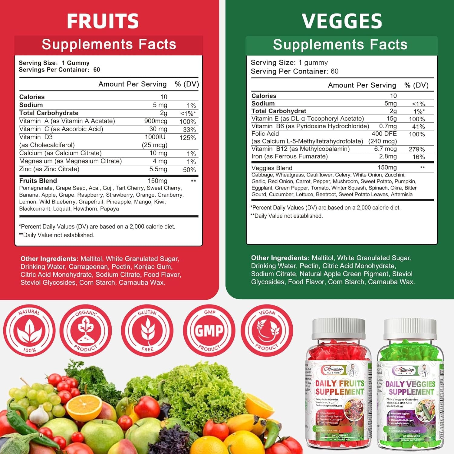Sugar-Free Fruits & Veggies Gummies, Super Greens with 23 Fruits & 25 Veggies, Multivitamin Minerals & Fiber, Vegan Fruit & Vegetable Supplement for Adults, 120 Gummies, 2 Month Supply