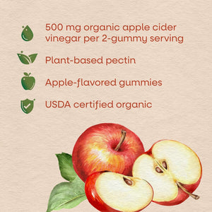 Nature'S Way Organic Apple Cider Vinegar Gummies, 500 Mg Organic Apple Cider Vinegar per 2-Gummy Serving, Apple Flavored, 60 Gummies (Packaging May Vary)