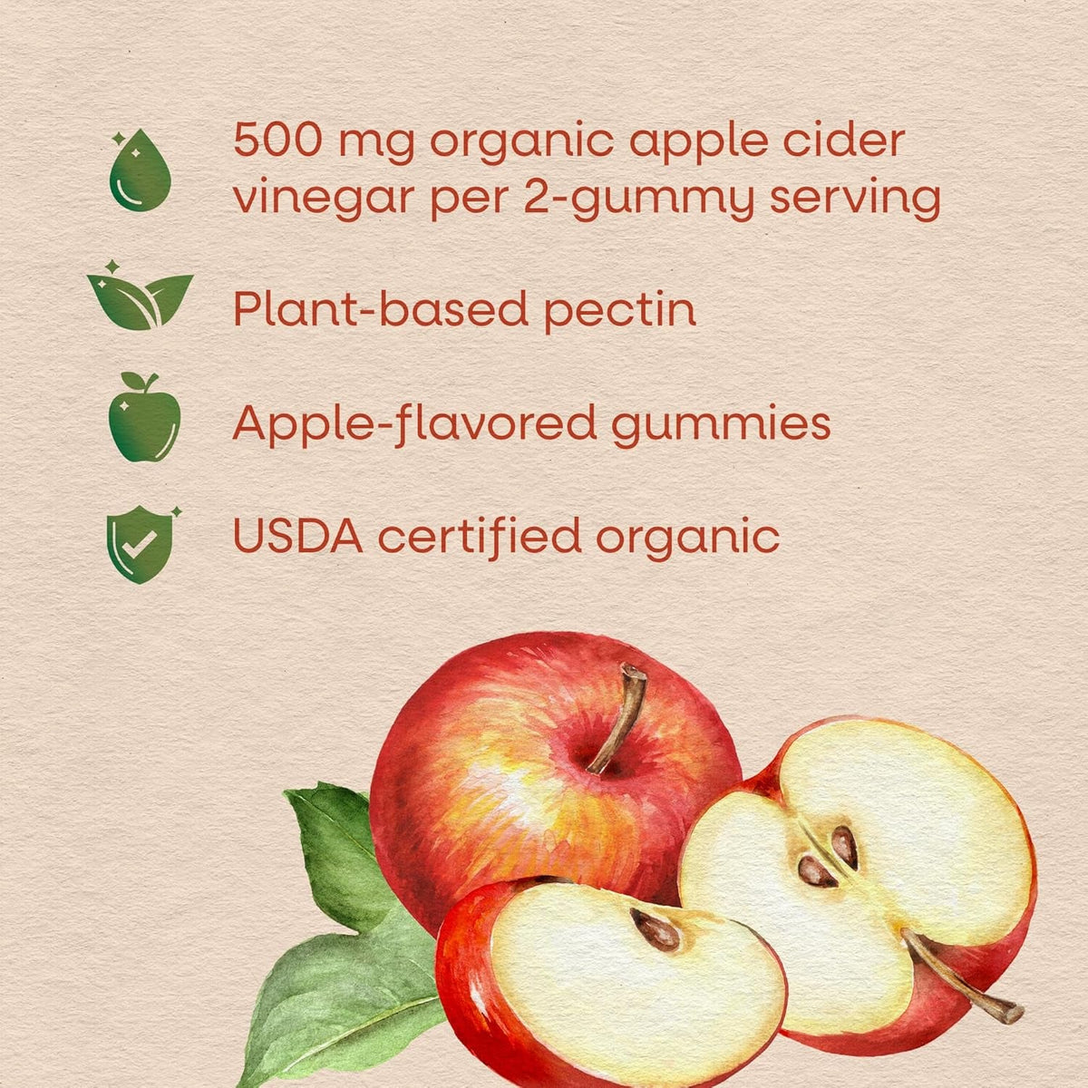 Nature'S Way Organic Apple Cider Vinegar Gummies, 500 Mg Organic Apple Cider Vinegar per 2-Gummy Serving, Apple Flavored, 60 Gummies (Packaging May Vary)