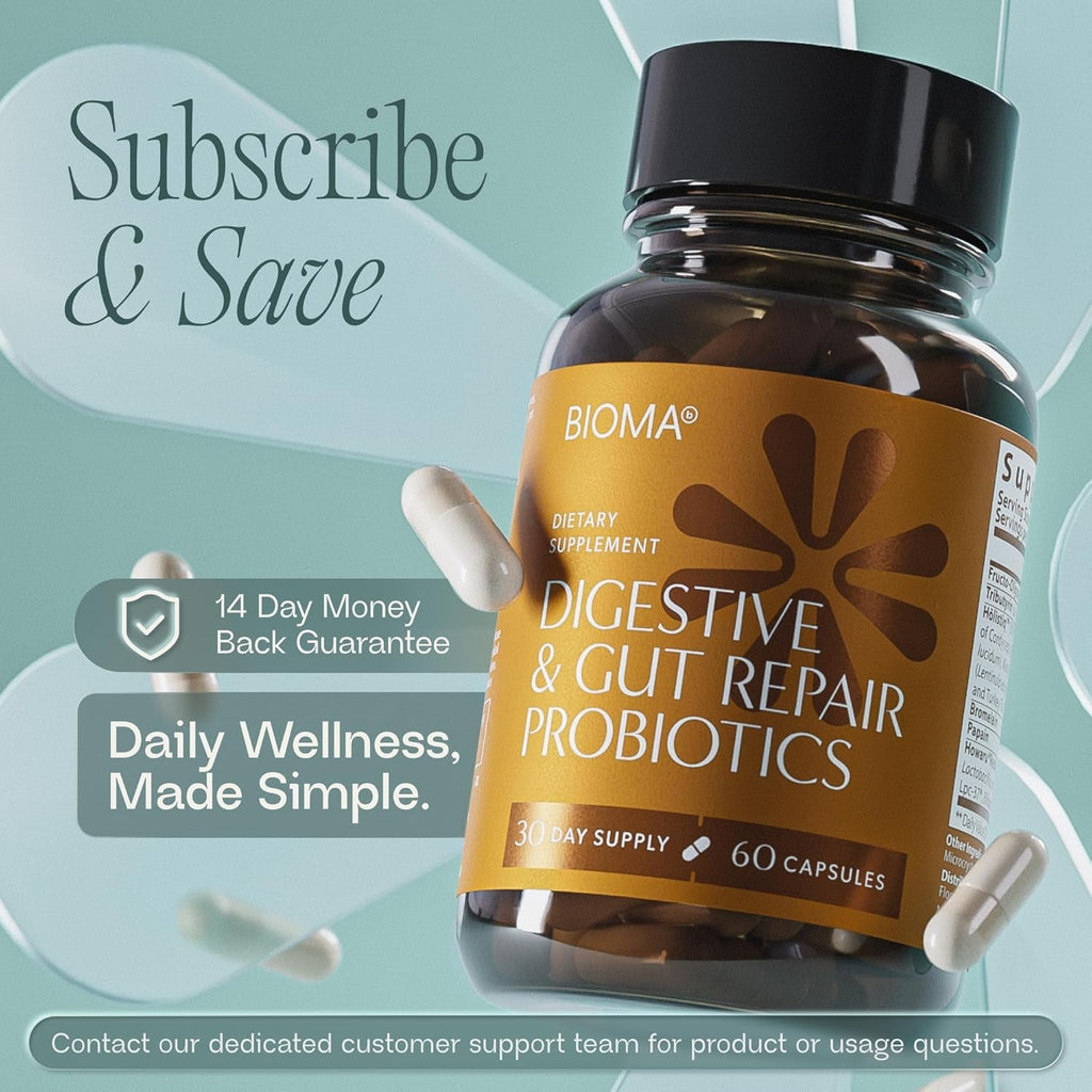 BIOMA Probiotics for Digestive Health 10 Billion CFU - 5-In-1 Gut Health Supplement with Prebiotics & Enzymes - Bloating Relief for Women & Men - Delayed Release (60 Capsules - 30 Day Supply)