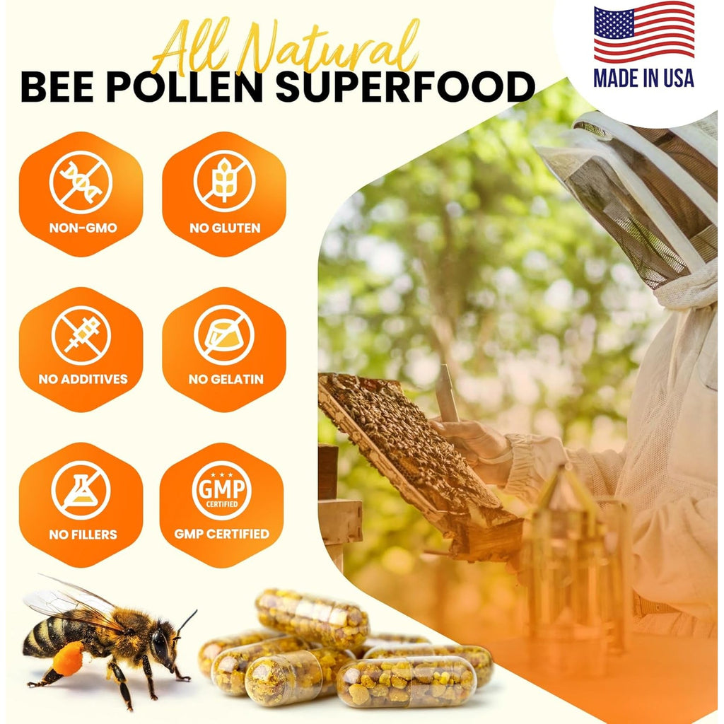 HONEYBEEZONE–100% Raw Bee Pollen Granules in 60 Veggie Capsules – High in Essential B-Complex for Metabolism & Energy - Gluten Free & Non-Gmo - Protein & Antioxidants – Immune Support & Vitality