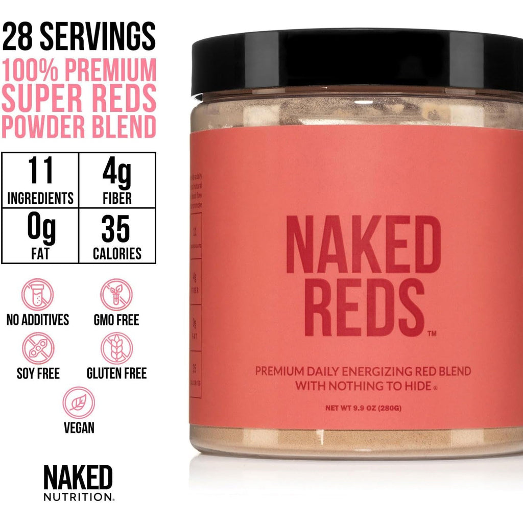 NAKED Reds Superfood Powder - Healthy, Energizing Polyphenol Fruit Powder Mix, No Fillers, No Additives, Vegan, Non-Gmo, Gluten Free - 28 Servings