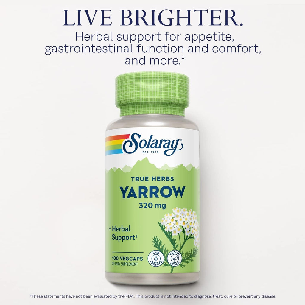 SOLARAY True Herbs Yarrow 320Mg, Whole Aerial - Yarrow Herbal Supplements for Wellness Support - Non-Gmo, Vegan, Gluten Free, Lab Verified, 60-Day Money Back Guarantee - 100 Servings, 100 Vegcaps