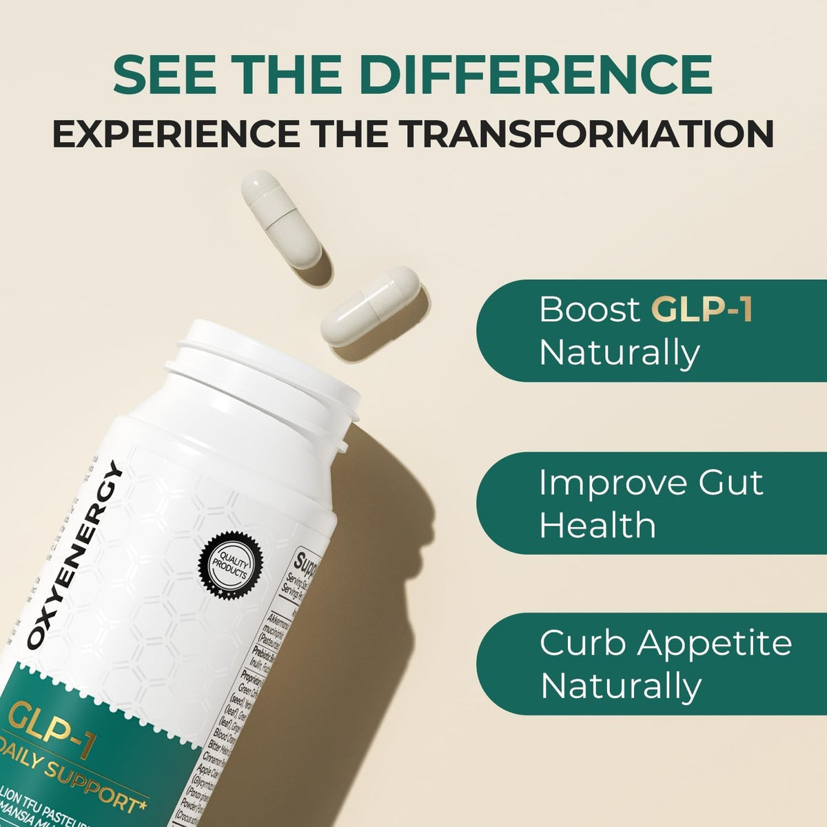 Oxyenergy GLP-1 Supplement Weight Loss Pills for Women & Men, GLP-1 Appetite Suppressant with Akkermansia Probiotic, Metabolism & Gut Health Booster, Vegan, Gluten-Free, Non-Gmo, 60 Capsules