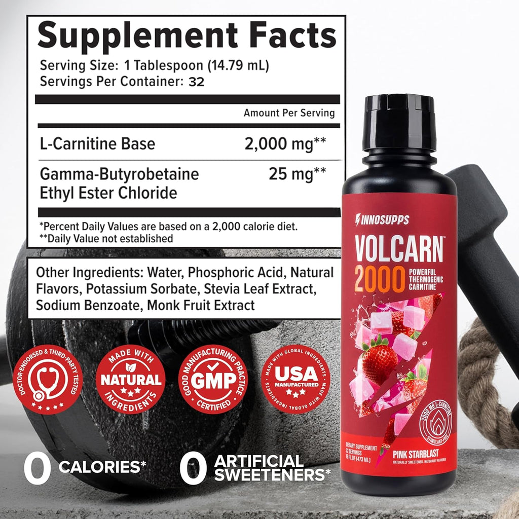 Innosupps Volcarn 2000 - L-CARNITINE Pre-Workout Advanced Energy Liquid ATP Enhancer W/Gbeec Boosts Energy, Enhances Focus, Cognition & Supports Fat Metabolism, 32 Servings - Pink Starblast Flavor