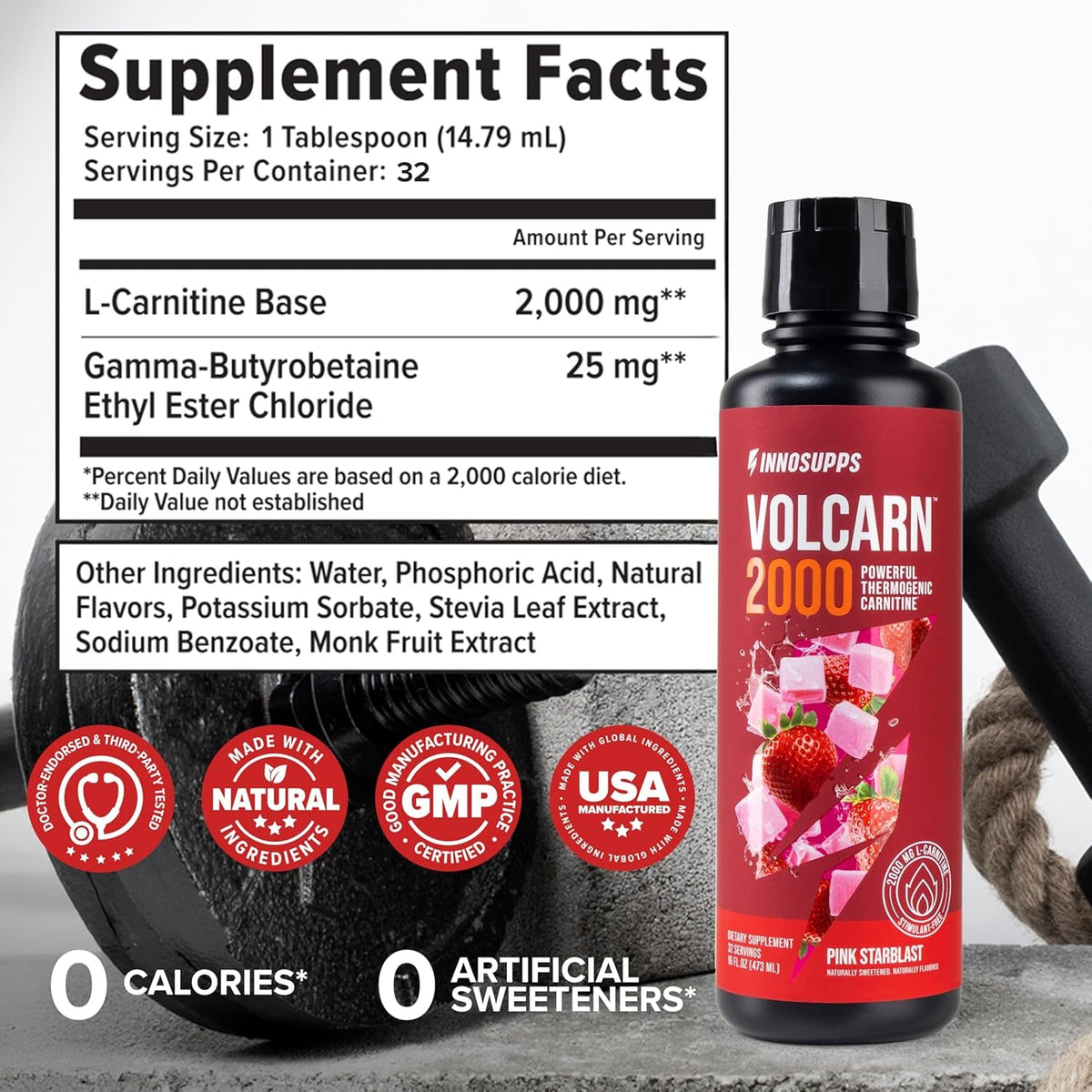 Innosupps Volcarn 2000 - L-CARNITINE Pre-Workout Advanced Energy Liquid ATP Enhancer W/Gbeec Boosts Energy, Enhances Focus, Cognition & Supports Fat Metabolism, 32 Servings - Pink Starblast Flavor
