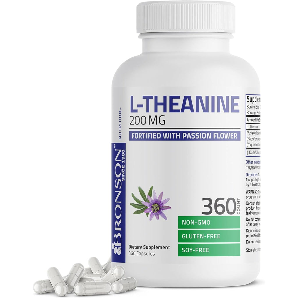 Bronson L-Theanine 200Mg (Double-Strength) with Passion Flower Herb, Non-Gmo Gluten-Free Soy-Free Stress Management Supplement, 360 Capsules