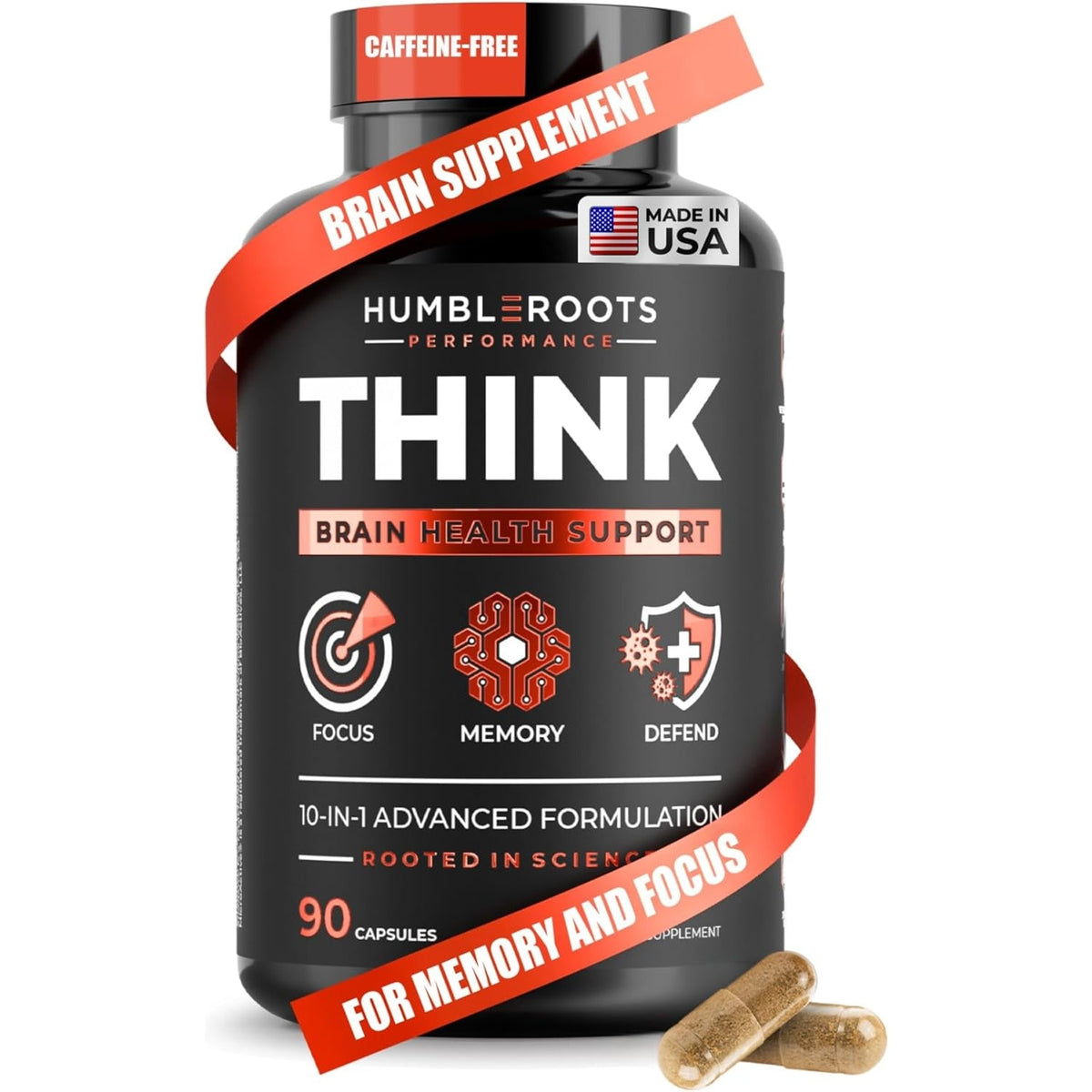 All-Natural Brain Supplement for Memory and Focus - Caffeine-Free Long-Term Cognitive Support - 10 Nootropic Ingredients Including Lion’S Mane, Bacopa, Turmeric, Ginkgo & Huperzine a - 90 Capsules