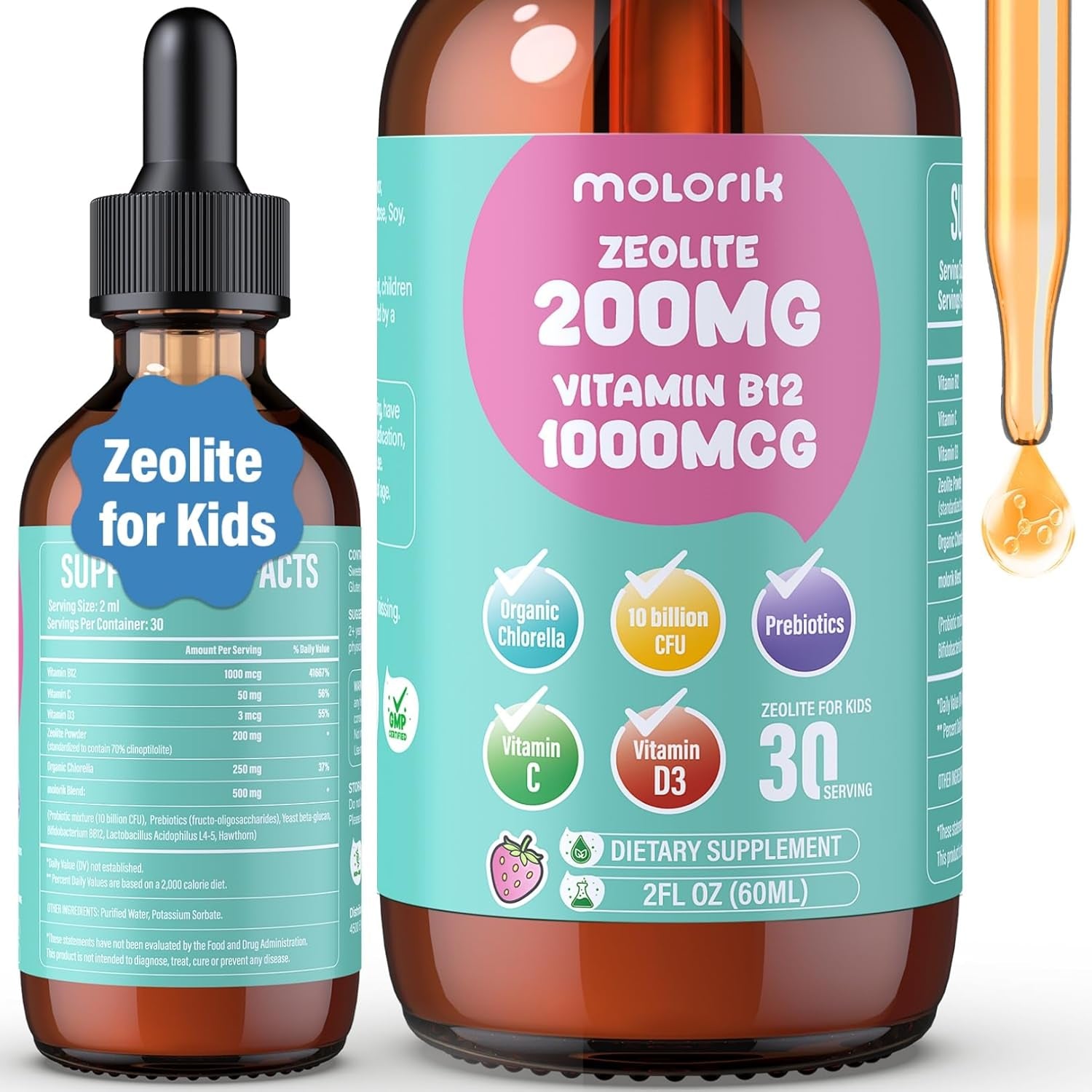 Zeolite Detox for Kids and Adults, 200Mg Zeolite Liquid Drops with 1000Mcg Vitamin B12, Organic Chlorella, 10 Billion CFU & Prebiotics for Gut Support & Speech, Immune, Bone, Energy*, Strawberry, 60ML