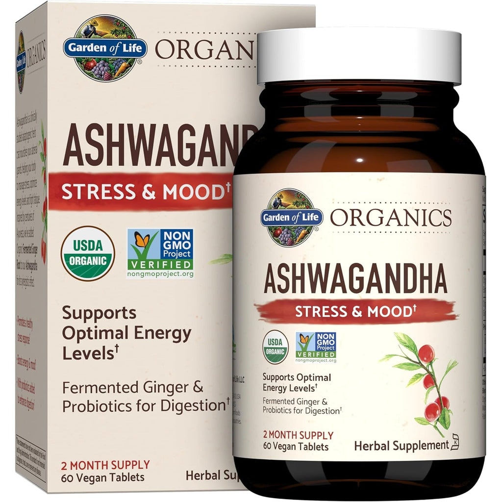 Garden of Life Organic Ashwagandha Supplement with Probiotics & Ginger - Stress, Mood & Energy Support, Vegan, Gluten Free, Non GMO, 2 Month Supply, 60 Tablets