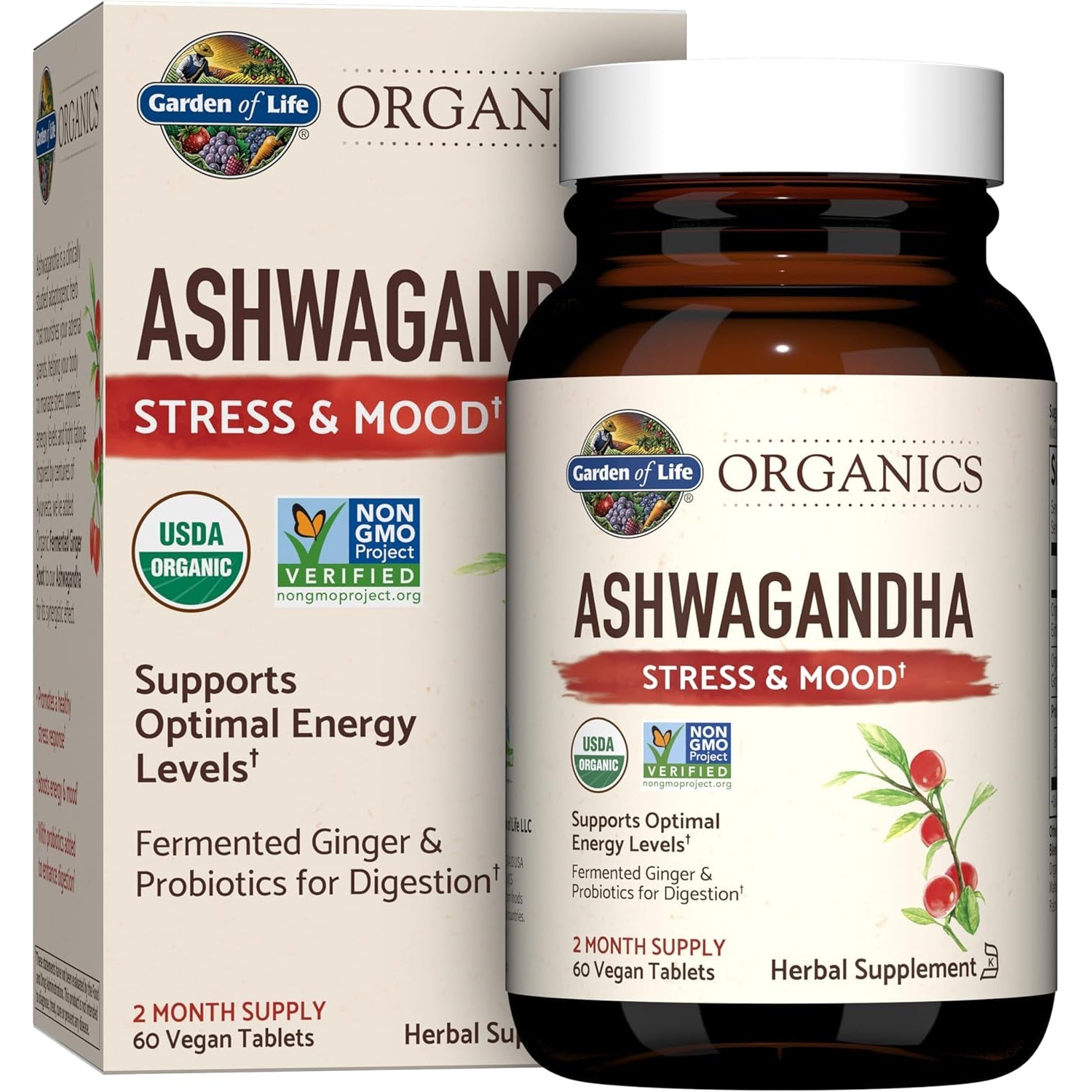 Garden of Life Organic Ashwagandha Supplement with Probiotics & Ginger - Stress, Mood & Energy Support, Vegan, Gluten Free, Non GMO, 2 Month Supply, 60 Tablets
