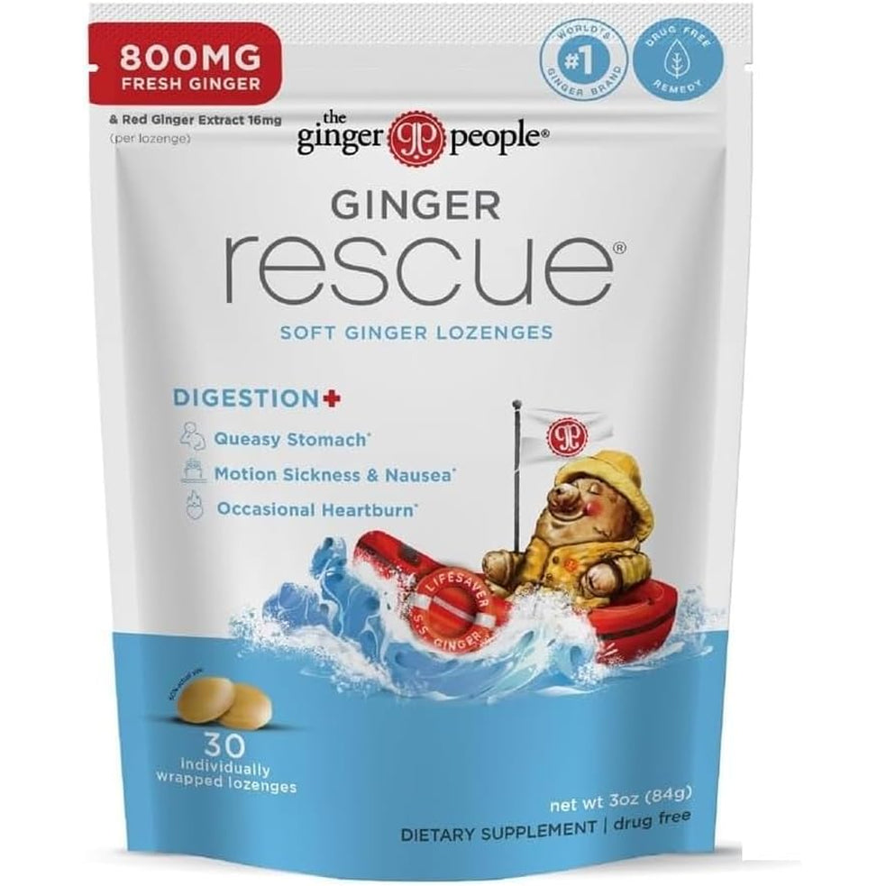 The Ginger People Ginger Rescue Digestive Wellness Lozenges (Soft) | Extra Strength - 800Mg | Nausea, Upset Stomach, Motion Sickness, Mild Heartburn, Indigestion, 30 Count (Pack of 1)