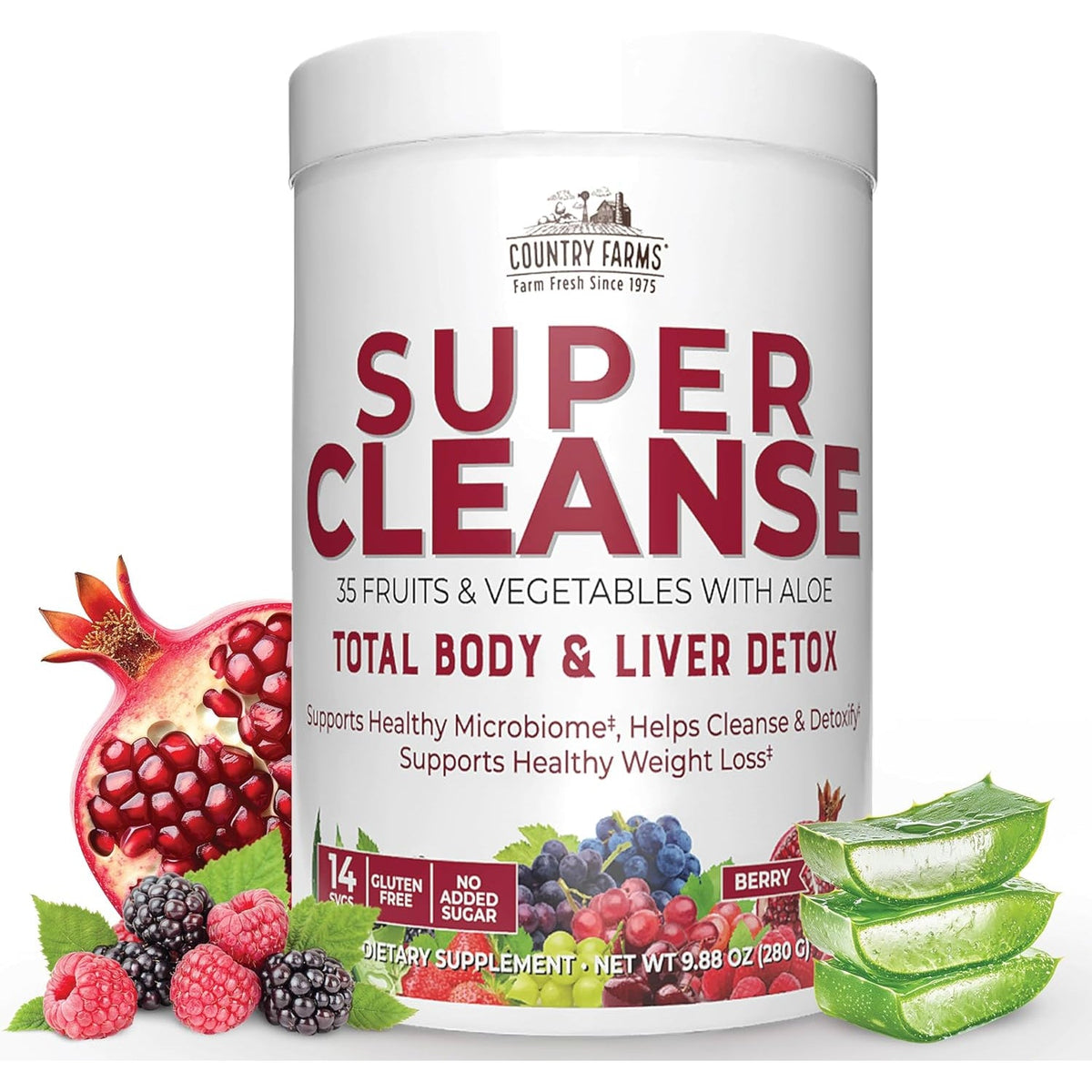 Country Farms Super Cleanse, Super Juice Cleanse, Supports Healthy Digestive System, 34 Fruits and Vegetables with Aloe, Promotes Natural Detoxification, Drink Powder, 14 Servings, 9.88 Ounce