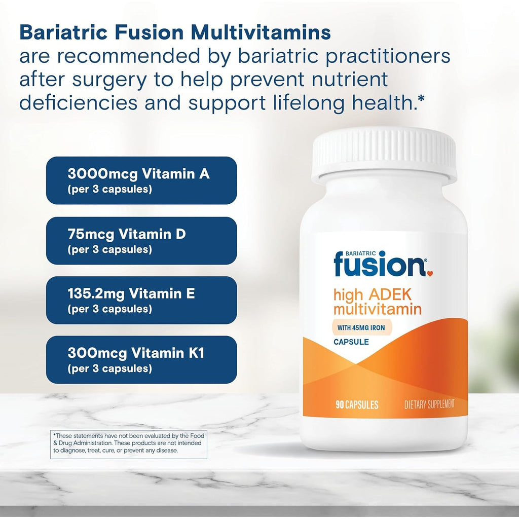 Bariatric Fusion High ADEK Multivitamin with Iron | Bariatric Multivitamin for Duodenal Switch | Easy to Swallow ADEK Vitamins Bariatric | 90 Capsules | One Month Supply