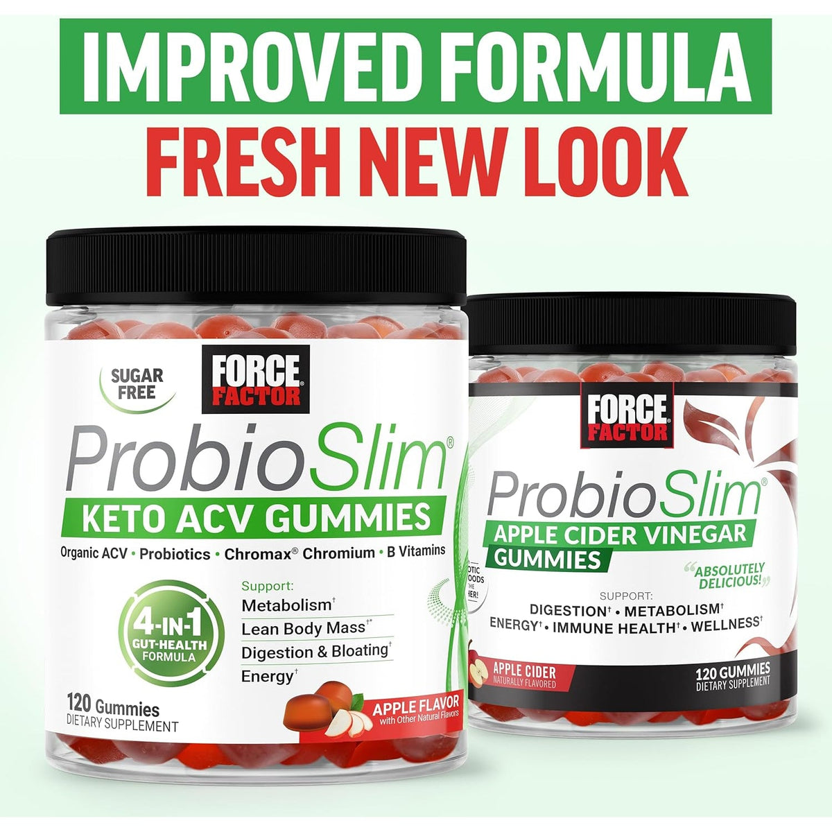Force Factor Probioslim Keto ACV Metabolism Gummies, Organic Apple Cider Vinegar, Lactospore Probiotics & Prebiotics to Support Digestion, Lean Body Mass, & Immune Health, Apple Flavor, 1 Carb, 120Ct