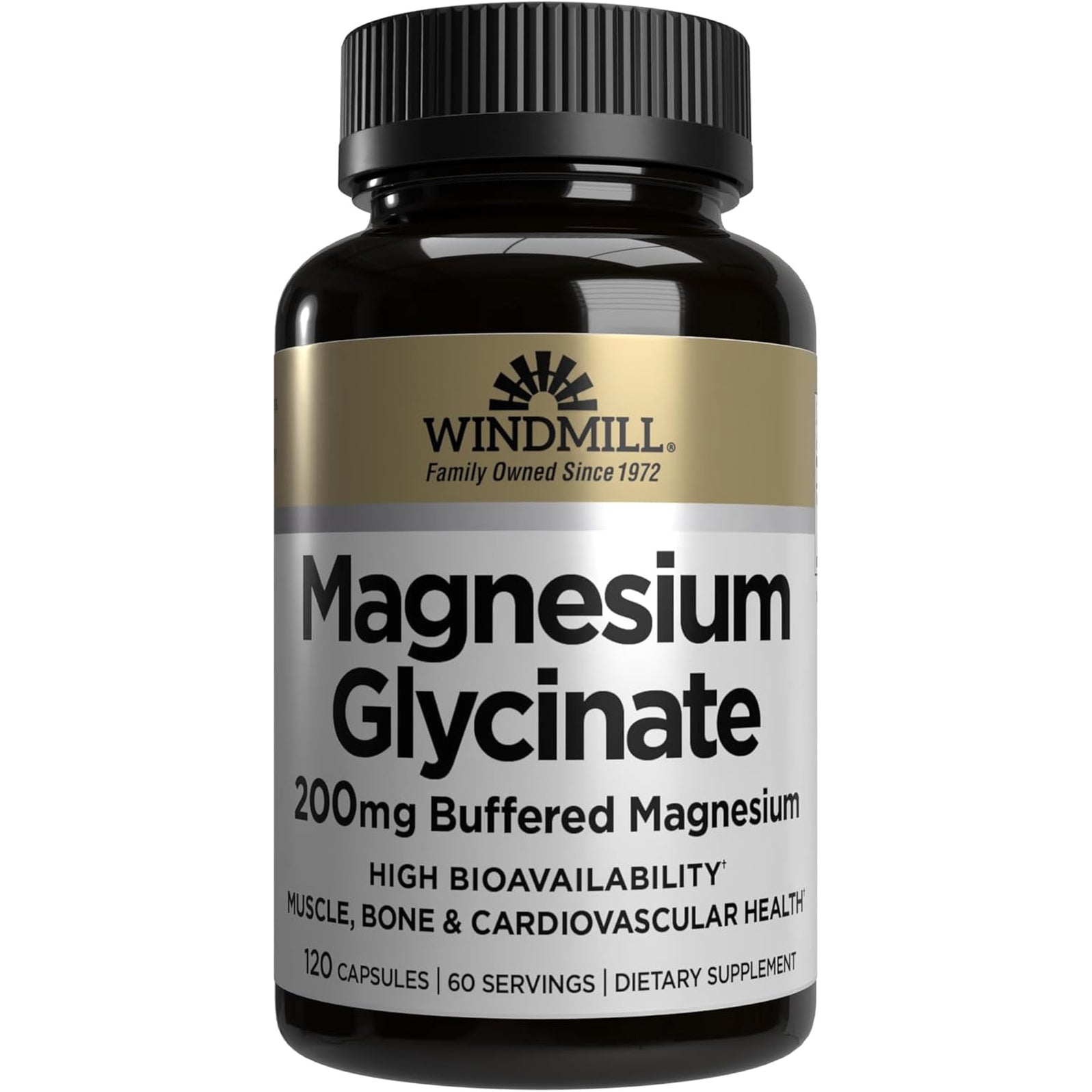 Windmill Natural Vitamins Magnesium Glycinate 200 Mg, Supports Muscle, Joint, and Heart Health, Energy and Bone Support, Veggie Capsules, Gluten Free, Vegan, Non-Gmo, 120 Capsules